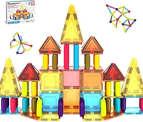 PicassoTiles 82 piezas de palos magnéticos y azulejos magnéticos de construcción de bloques de construcción para niños pequeños, bolas magnéticas de