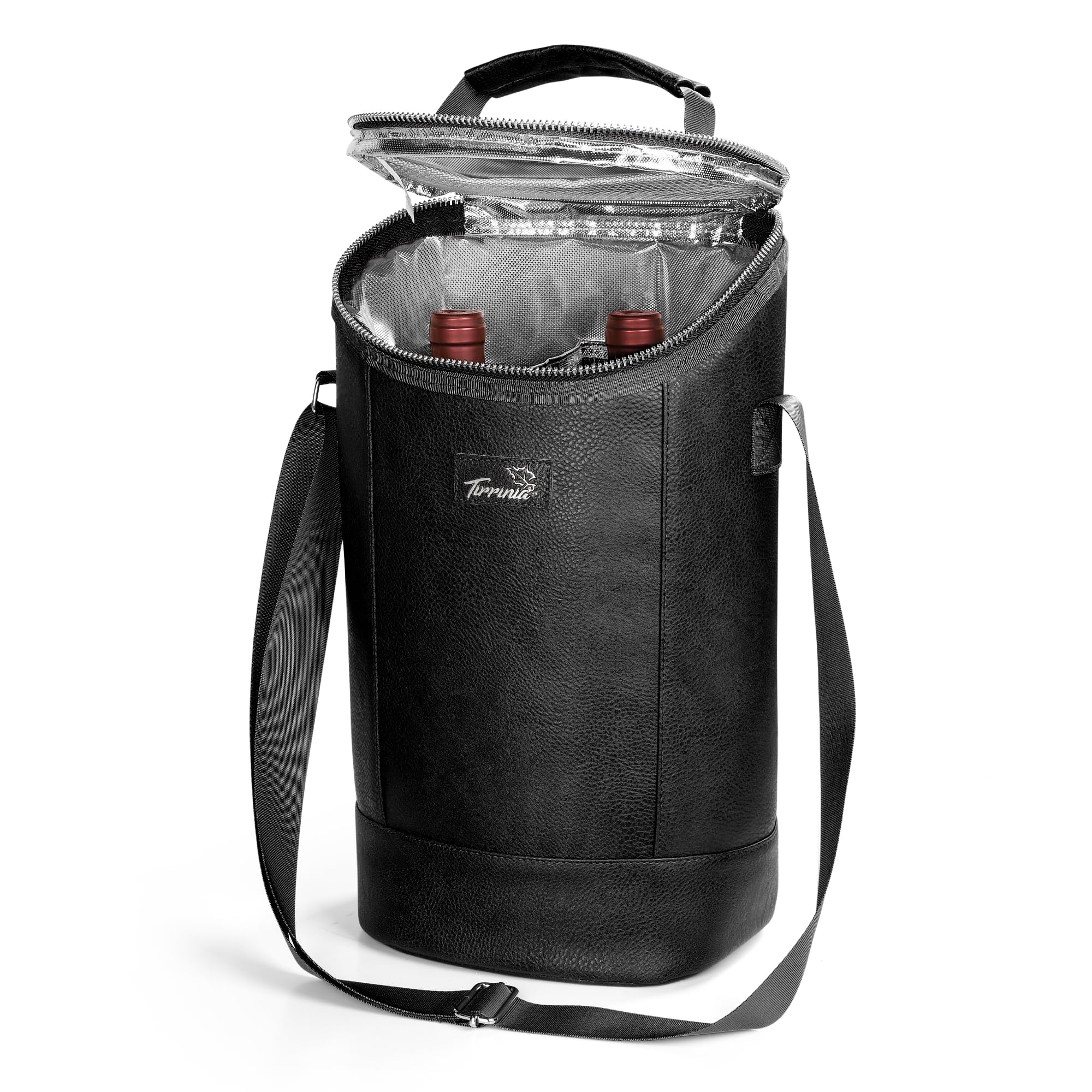 Kato Tirrinia Borsa termica termica per 2 bottiglie, in pelle, da viaggio, per vino e birra, regalo per gli amanti del vino, per picnic, feste, colore nero