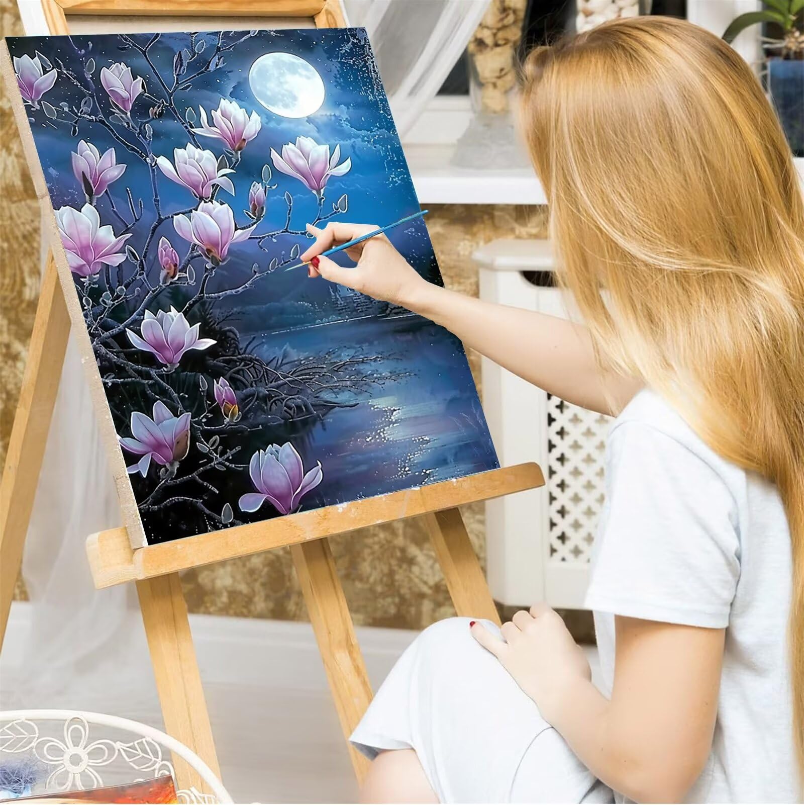 Blume-Malen nach Zahlen für Erwachsene, DIY digitales Ölgemälde-Set auf Leinwand mit Pinseln und Acrylpigment, Magnolie Street Artwork für Heimdekoration 60x80cm (mit Rahmen)