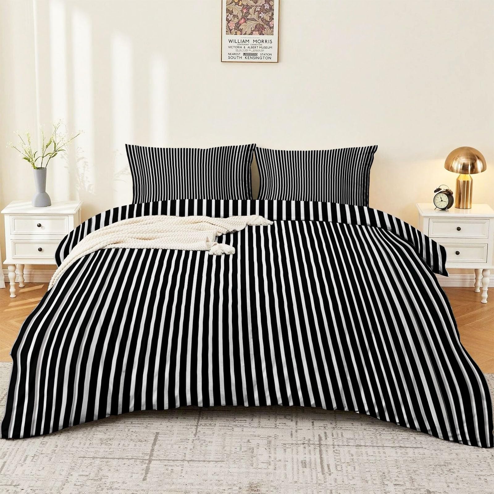 Parure de lit 140x200 housse de couette microfibre douce lit 1 place motif rayures noir et blanc
