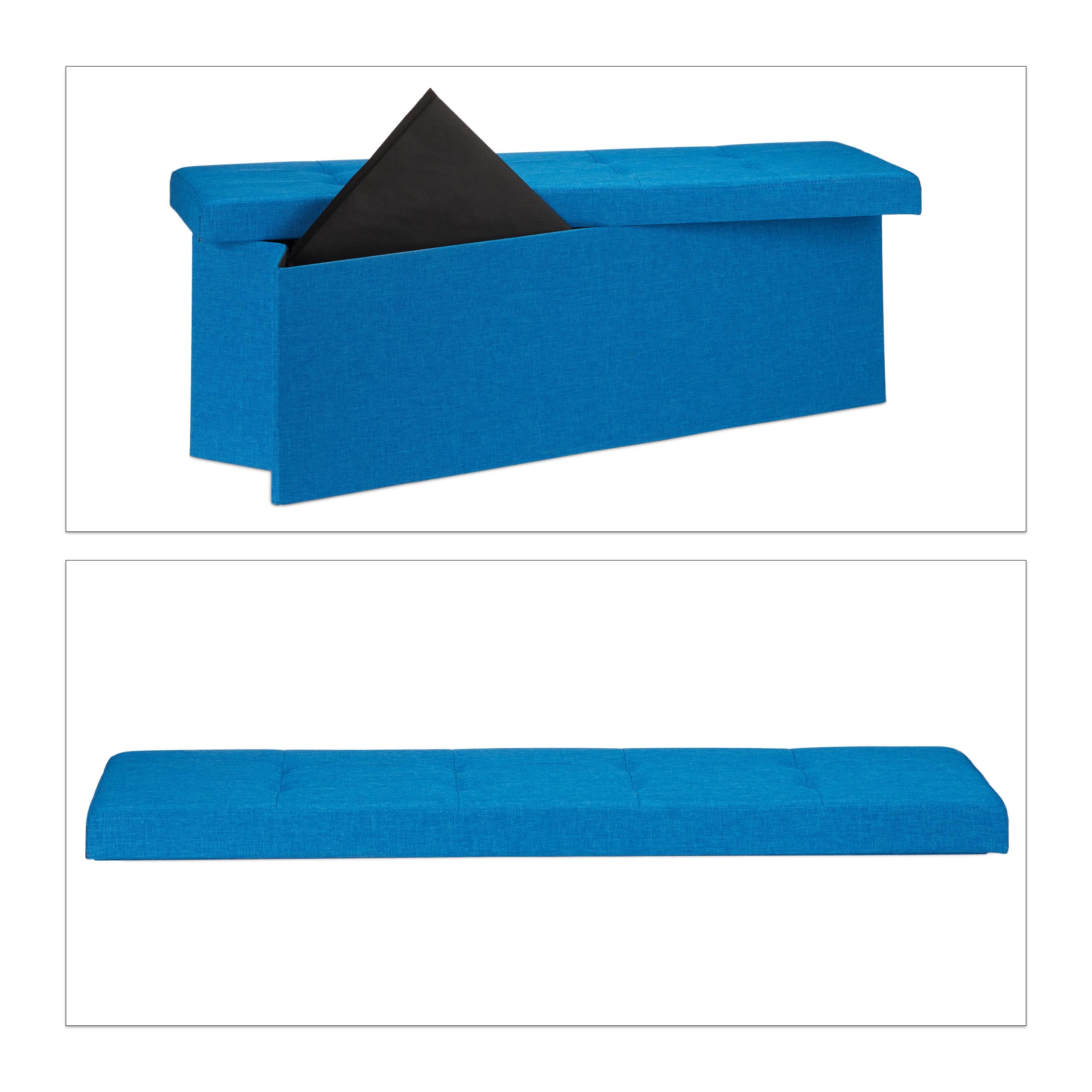 Relaxdays Pouf Pieghevole con Contenitore XXL, Panca Divanetto Portaoggetti, Lino, HxLxP 38 x 114 x 38 cm, Blu