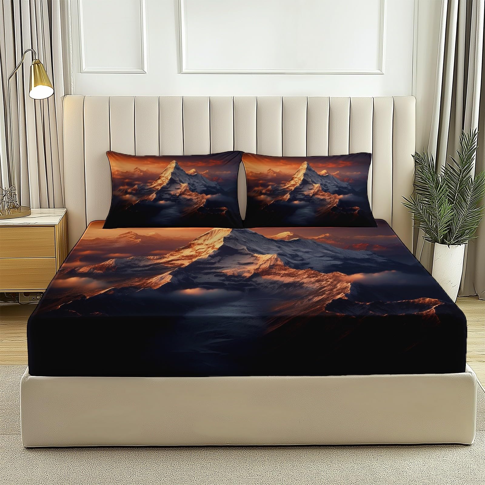 Spannbettlaken 160 x 200 Elegant Bedruckt Spannbetttücher Orange White Weiche Mikrofaser Boxspringbett Bettlaken geeignet für Matratzen von 30cm Schneebedeckte Berge Naturpracht