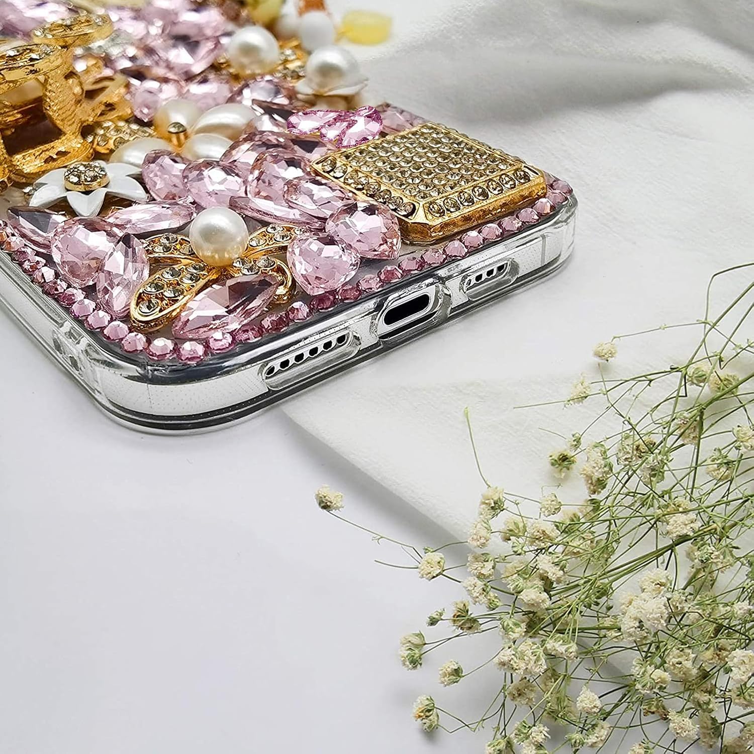 Guppy for iPhone 15 Pro Max Bling Glitter Case,Luxury Diamond Rhinestone Gemstone 3D and Flower Gemstone Pumpkin Car Tower Pendant Pearl Soft TPU Back Cover Case Compatible with Women Pink image 4