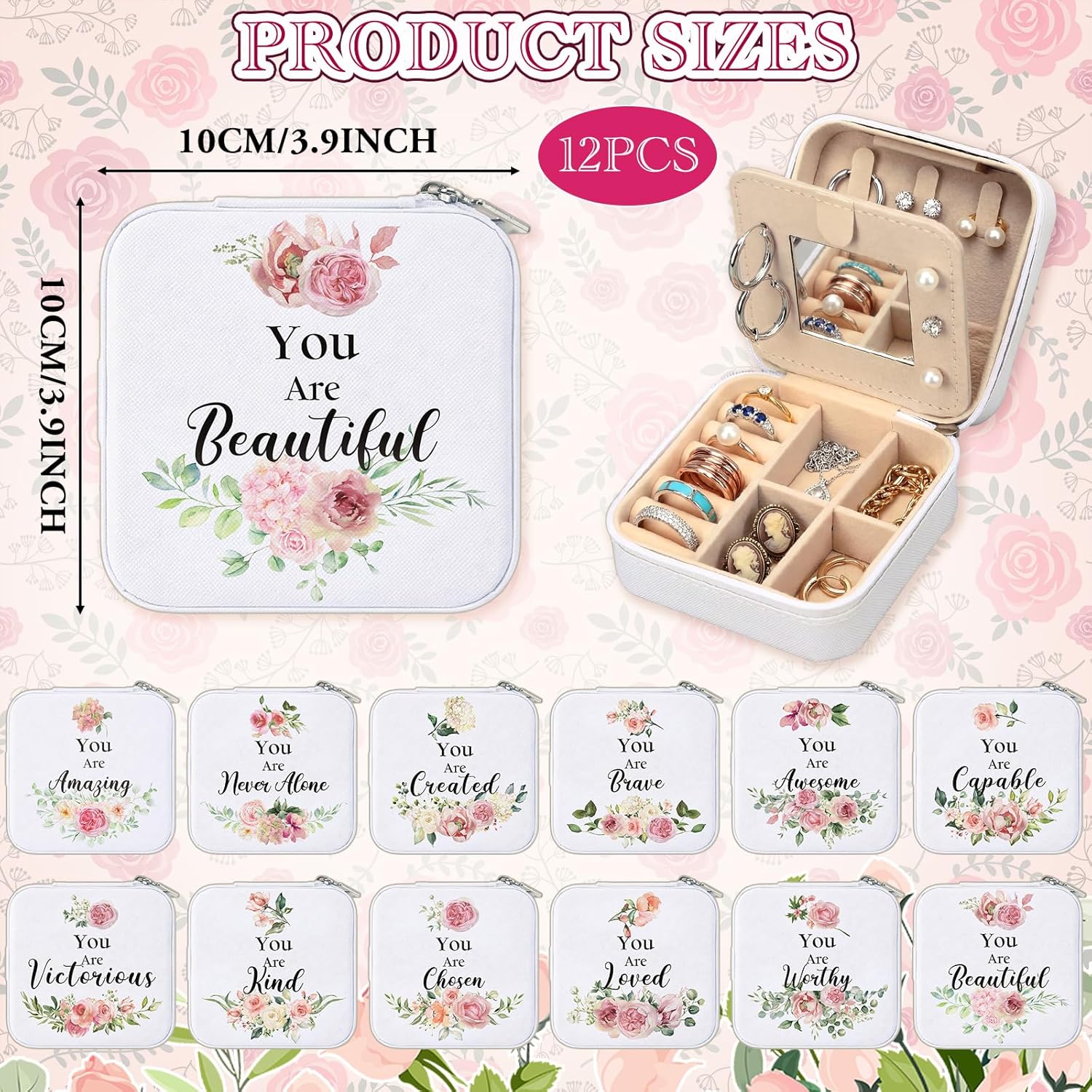 Kigeli 12 Pcs Mother Day Church Gifts Travel Jewelry Case Bulk with Mirror Bridal Shower Wedding Christian Gifts for Women Jewelry Organizer Case Religious Bible Verse Christian Women Party Favors
