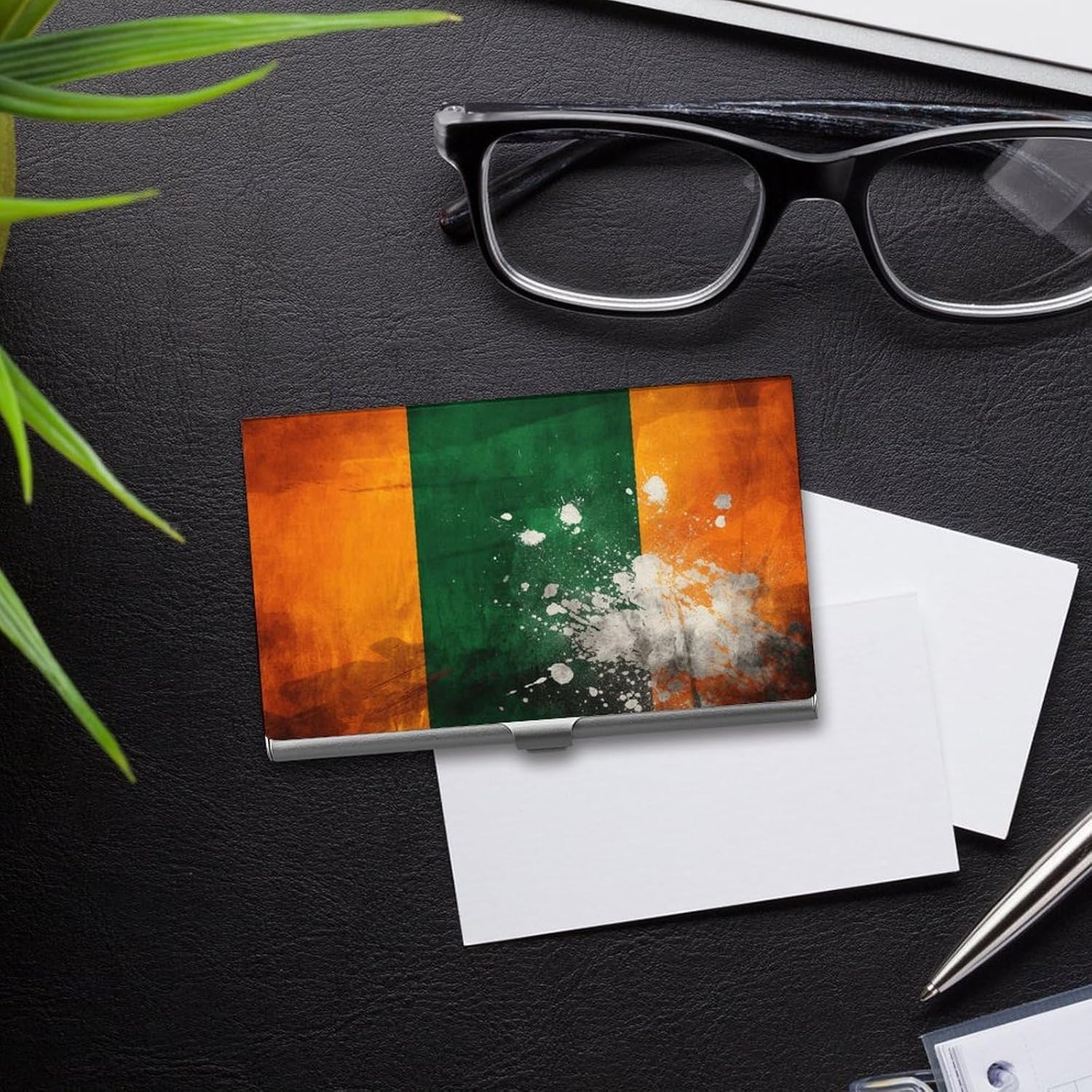 Orange And Green Pattern Business Card Case Metal Slim Business Card Holder Professional Name Card Holder Pocket Metal Case Business Card Wallet Pocket Wallet Name Card Case for Women Men