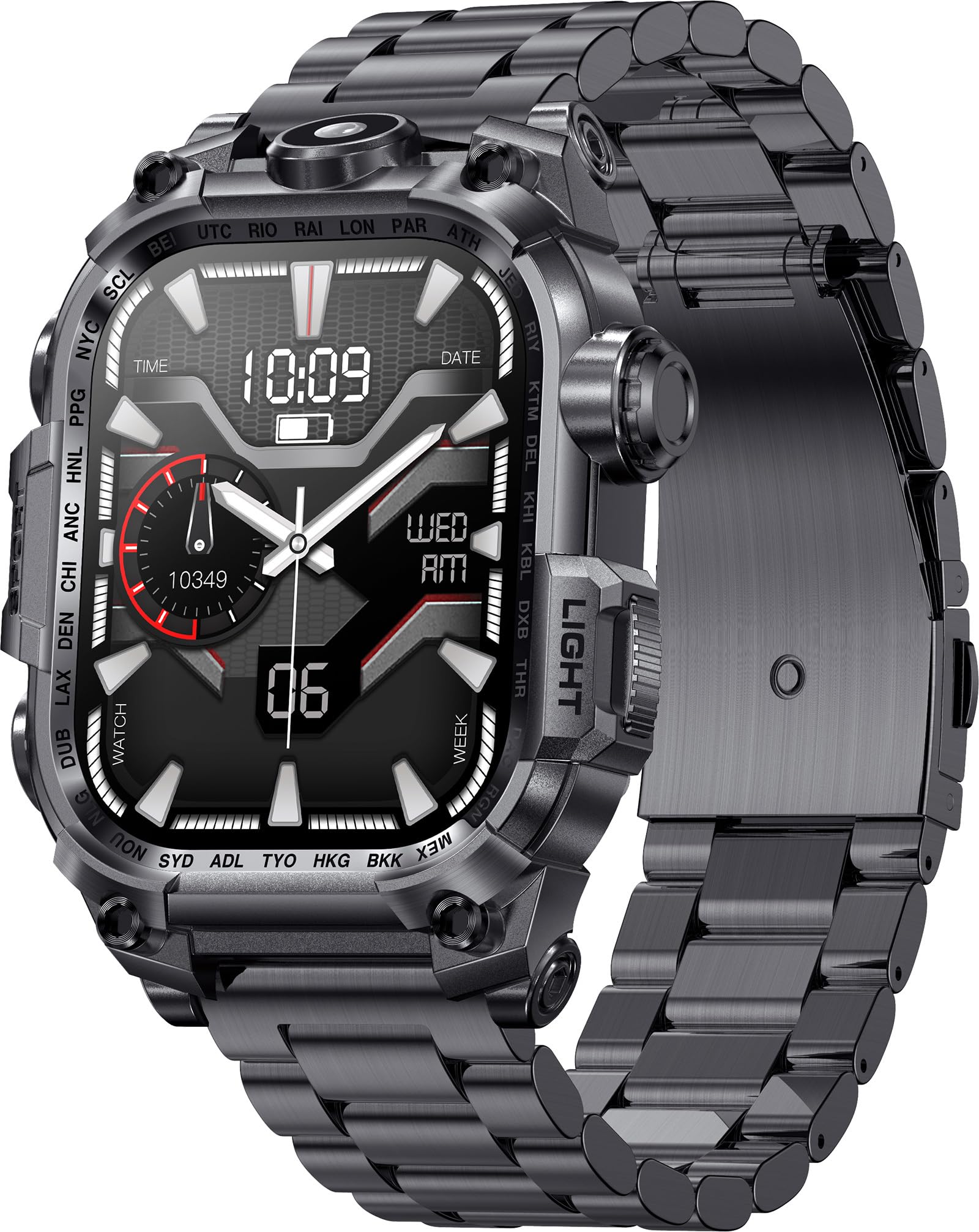 Orologio militare, smartwatch da uomo con torcia telefonica, orologio fitness pressione sanguigna cardiofrequenzimetro sonno monitor esterno contapassi orologio per Android iOS lunga durata batteria