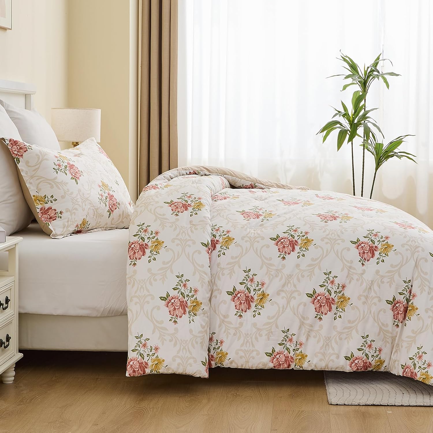 Finlonte Luxury Floral Comforter Set King Size, Pink Yellow Soft Cotton Bedding Set, Farmhouse Floral Bed Set, 3 Pieces, 1 Comforter (90"x 104") and 2 Pillow Shams, Gift for Families