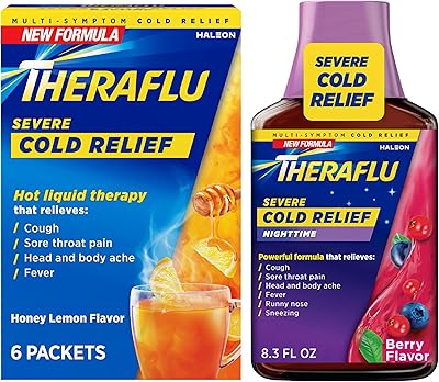 Theraflu Combo Nighttime Severe Cold Relief Syrup, Berry Flavor, 8.3 fl oz & Theraflu Daytime Severe Cold Relief Powder, Honey Lemon Flavor, 6 Ct