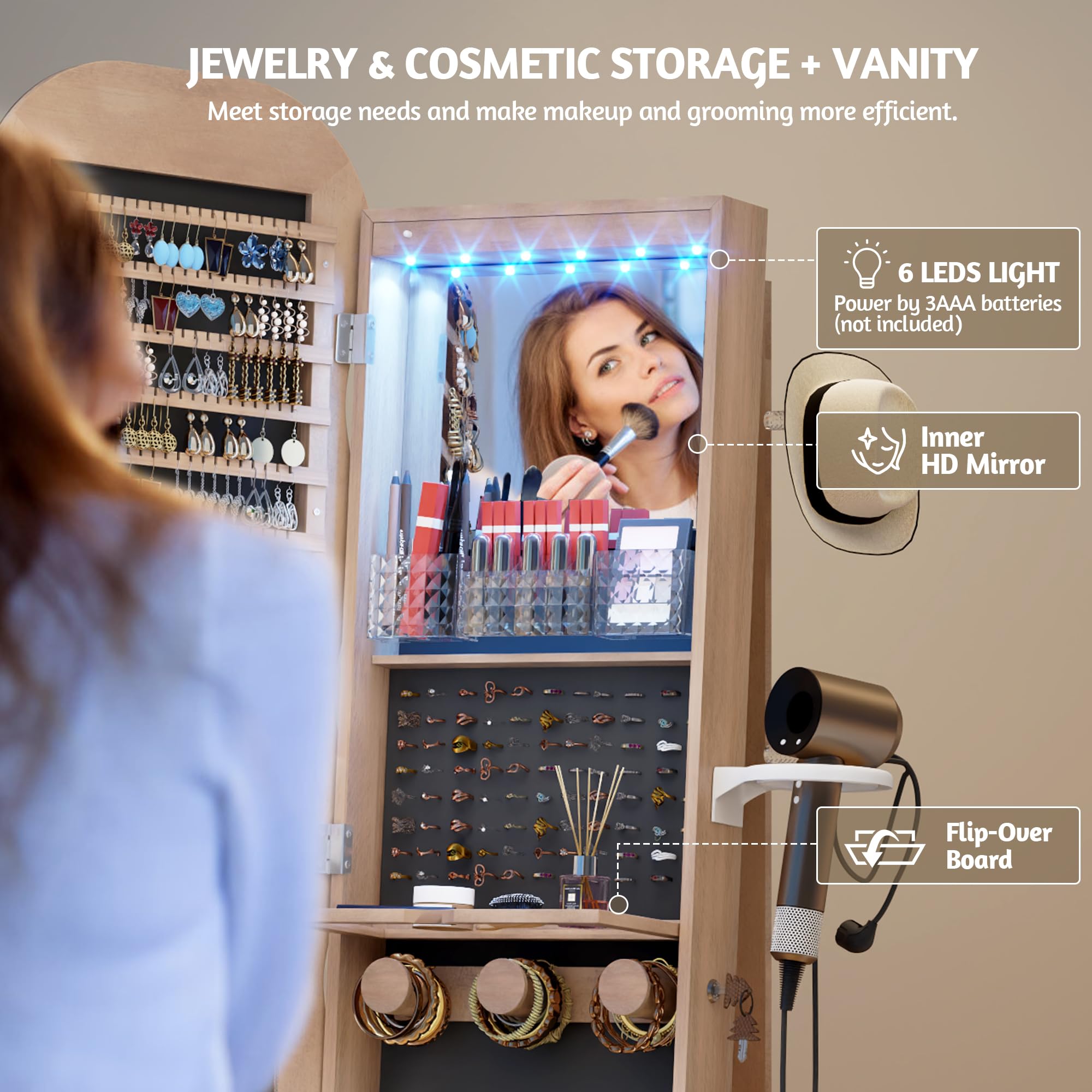 LVSOMT Espejo Joyero de Pie Giratorio 360° con Cerradura, Estantería 3 Niveles, Madera Natural