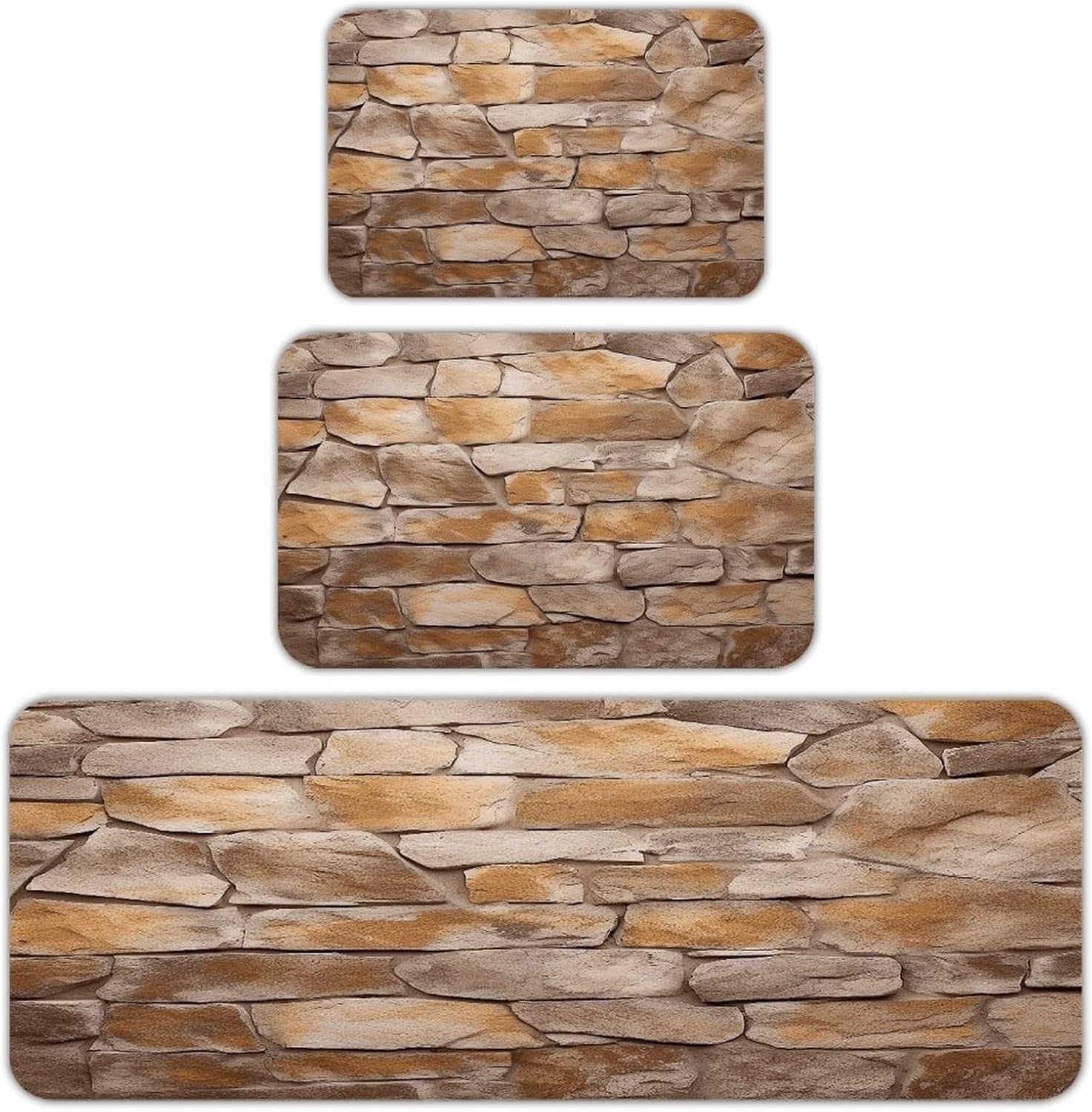 Wall Texture Kitchen Mats for Floor 3PCS Waterproof Low-Profile Kitchen Rugs Floor Mat Non Slip Anti Fatigue Mats Comfort Standing Mat Runner Rug Area Rug 6"x24"+20"x31"+17"x47"
