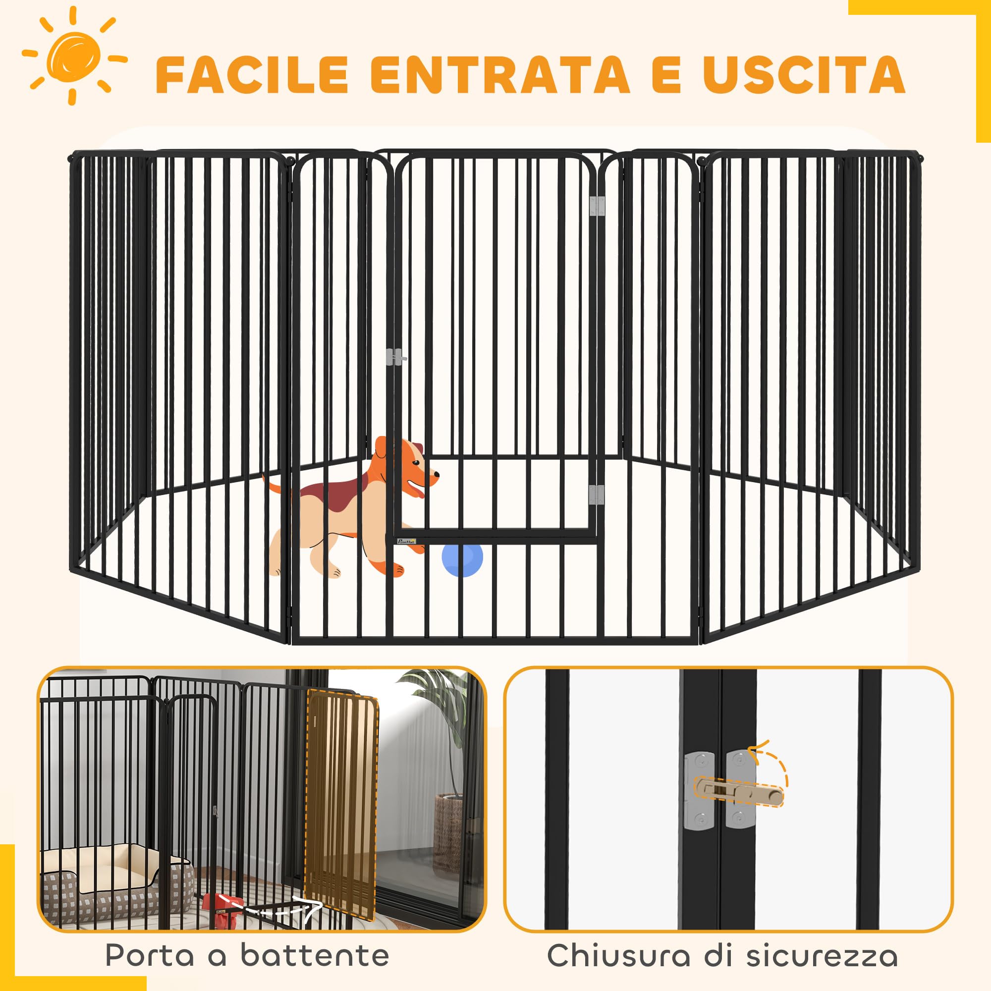 PawHut Box per Cani Taglia Piccola, Media e Grande a 8 Pannelli Modulabili da Interno ed Esterno, Cancello per Cani in Acciaio con 9 Picchetti, 164x164x100 cm, Nero