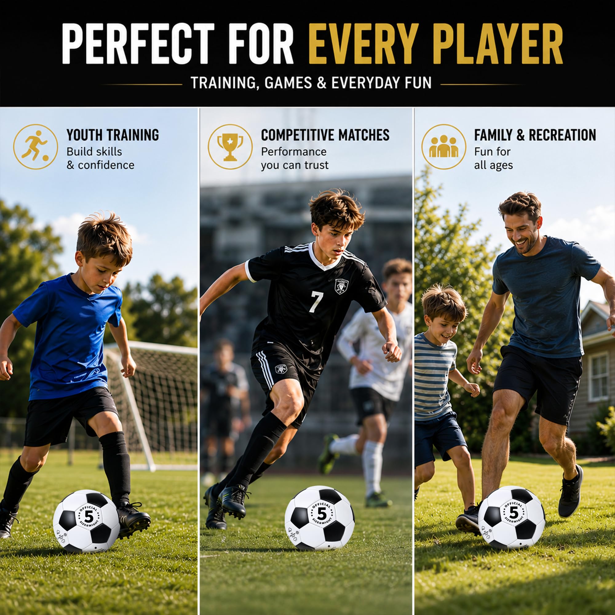Fußball Größe 5–2 Stück, Schwarz und Weiß, klassische Fußballbälle mit 2 Netztaschen und Pumpe, offizielle Größe 5, Fußball-Set für Jugendliche und Erwachsene, strapazierfähiger PVC-Trainingsball für