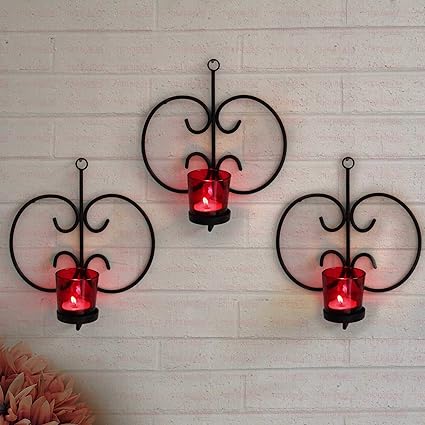 TIED RIBBONS Wall Hanging Tealight Candle Holder Metal Wall Sconce with Glass Cups (Pack of 3) - Decoration Items for Home D cor Living Room Bedroom Office Balcony - Gifts