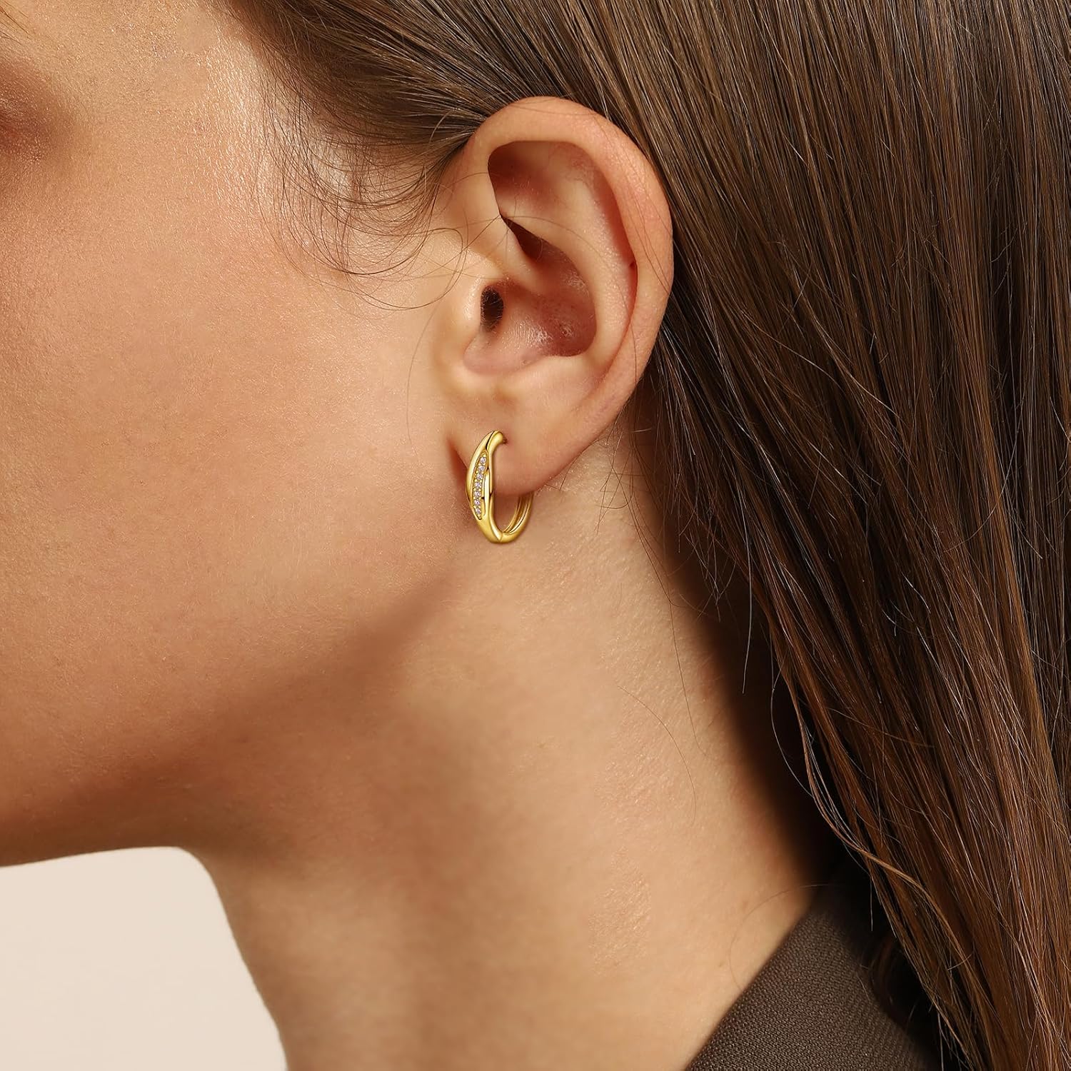 Sterling Silver Hoop Earrings Set for Women Sparkly Cubic Zirconia Hoop Earrings for Sensitive Ears U-shaped Oval Round Gold Statement Loop Earring Hypoallergenic Women's Jewelry Gift for Her Wife Mom - Image 2