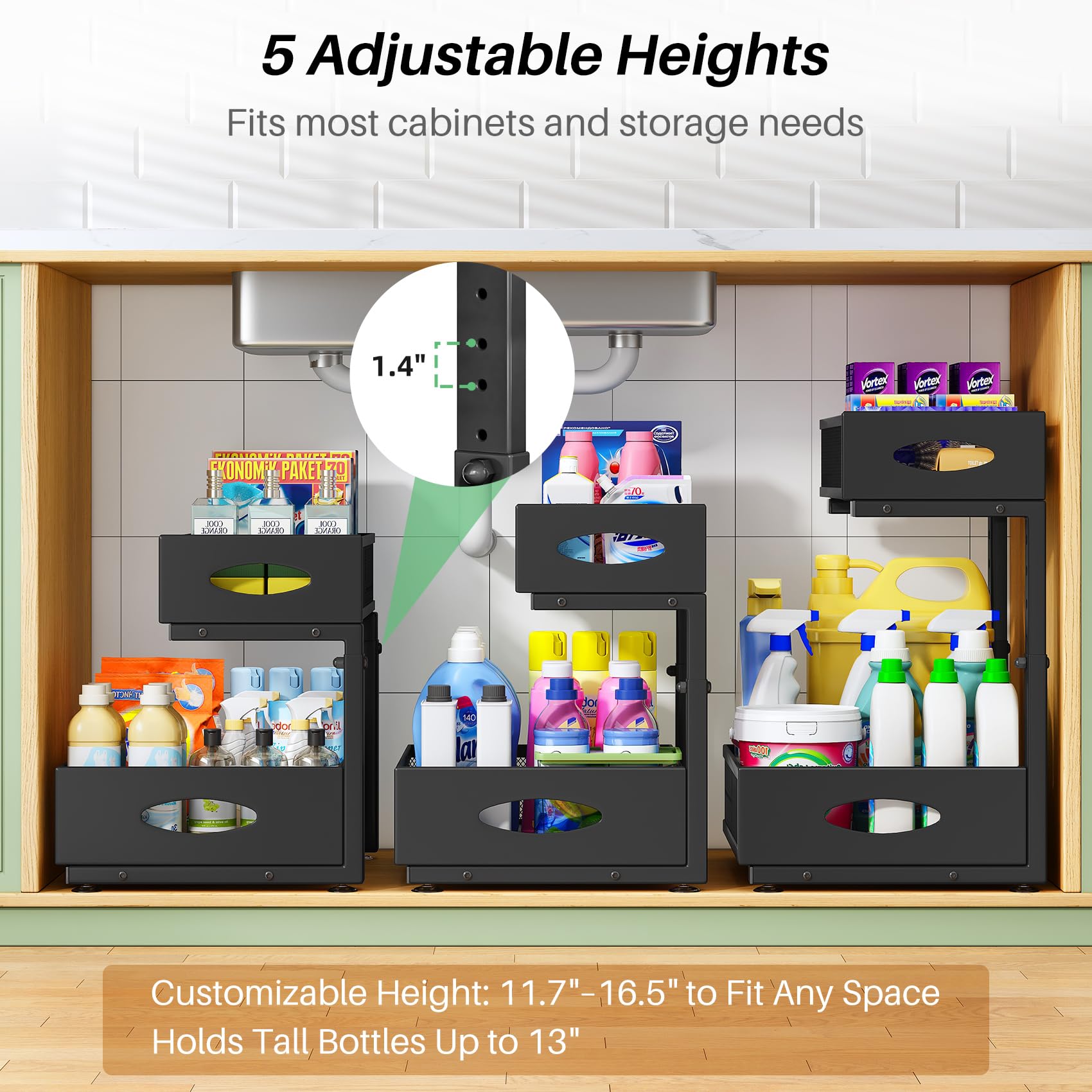 Kitstorack Organizador Bajo Fregadero Extraíble de 2 Niveles, Pack de 2, Cestas de Malla de Gran Capacidad, Estante Ajustable en Altura con Diseño en L para Cocina, Baño y Lavandería, Negro