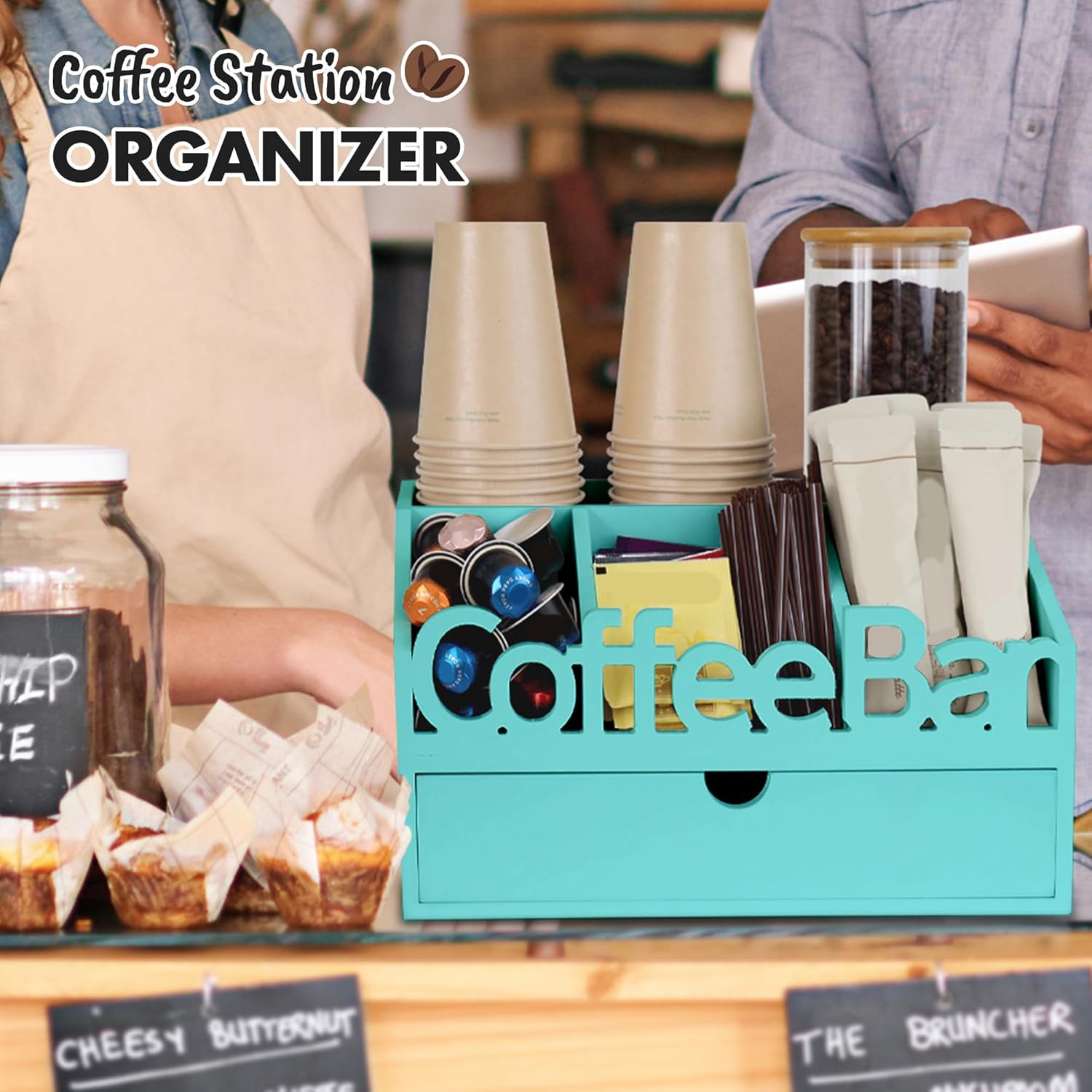 Coffee Bar Organizer for Countertop – Wooden Coffee Station, Tea and K Cup, Condiment Storage Rack, Coffee Pod Holder for Home and Office Counter Organization (Drawer - Turquoise)