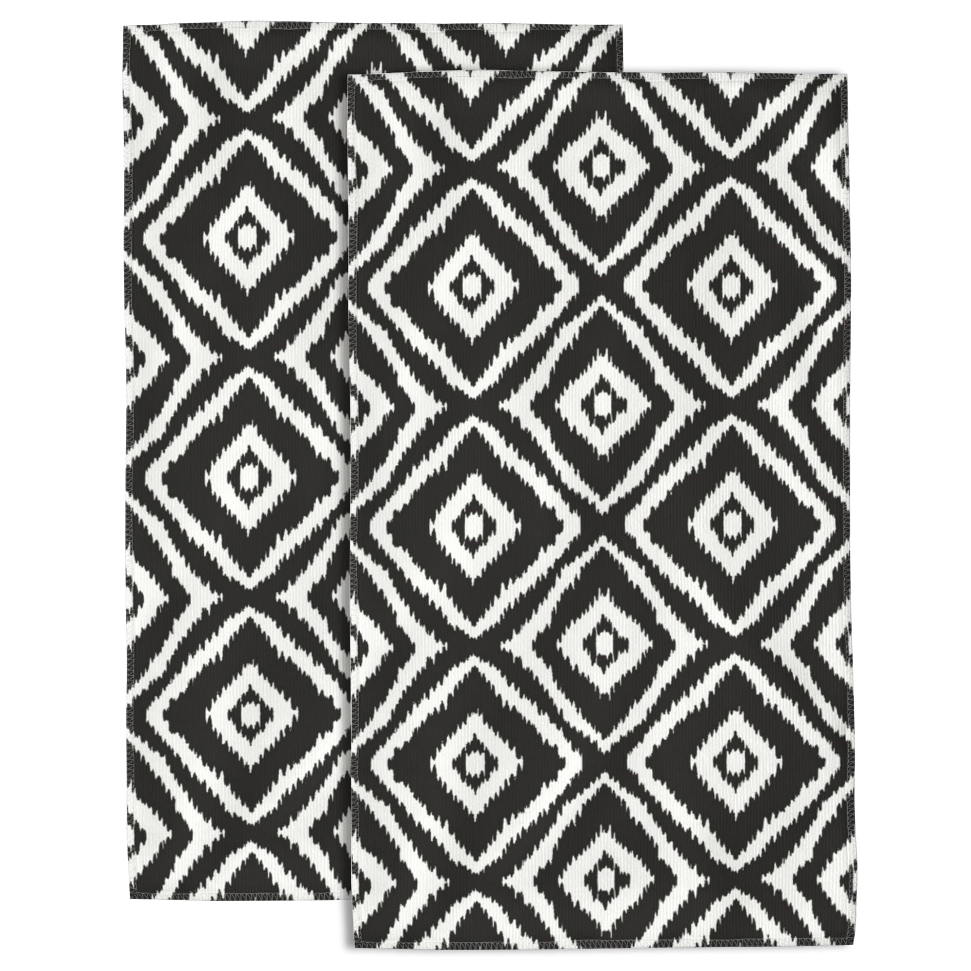 Wotinsi Black White Diamond Grid Hand Towels - Graphic Arrangement Set of 2 Soft Absorbent Decorative Towels, 14 x 28 in