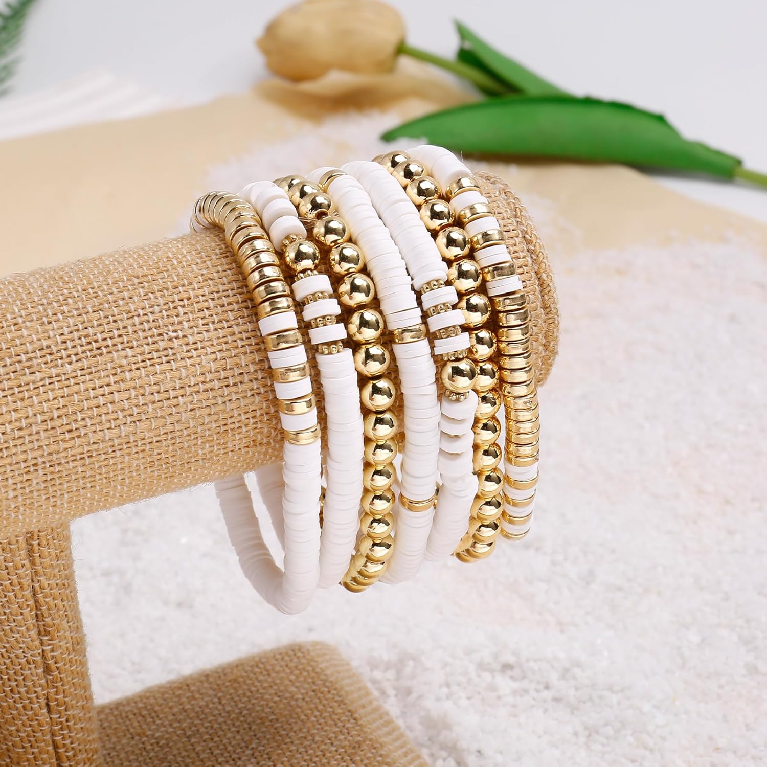 Nojess Stack Beaded Bracelets for Women Heishi Stretch Bracelets 14K Gold Plated Boho Beach Layered Waterproof Bracelet Beach Summer Surfer Bracelet Set Jewelry - Image 6