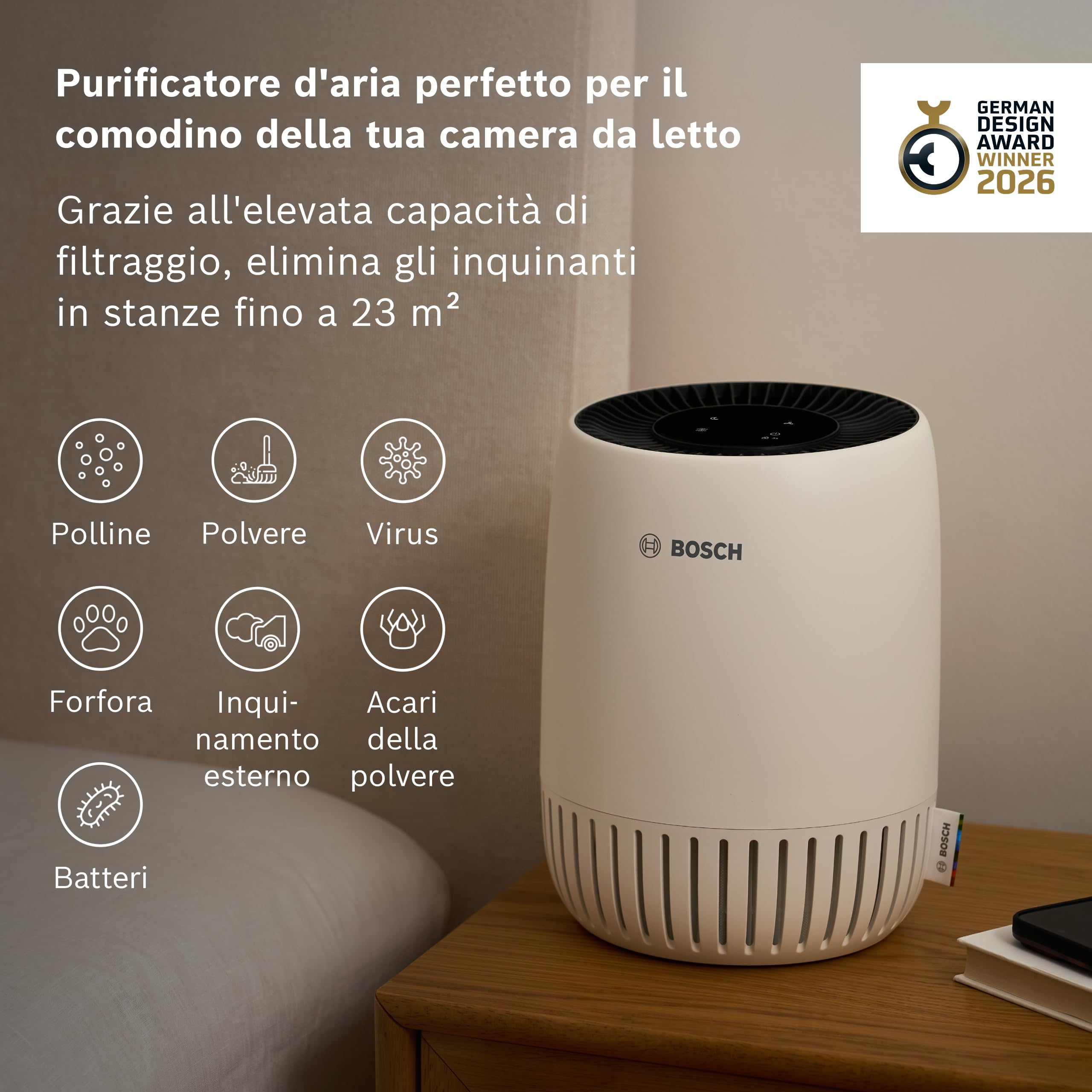 Bosch Air 500 Purificatore d’Aria - Rimuove gli inquinanti, include filtro aria e modalità sleep (< 25 dB(A)) - per stanze fino a 23 m² - con porta di ricarica USB-C - CADR: 100 m³/h
