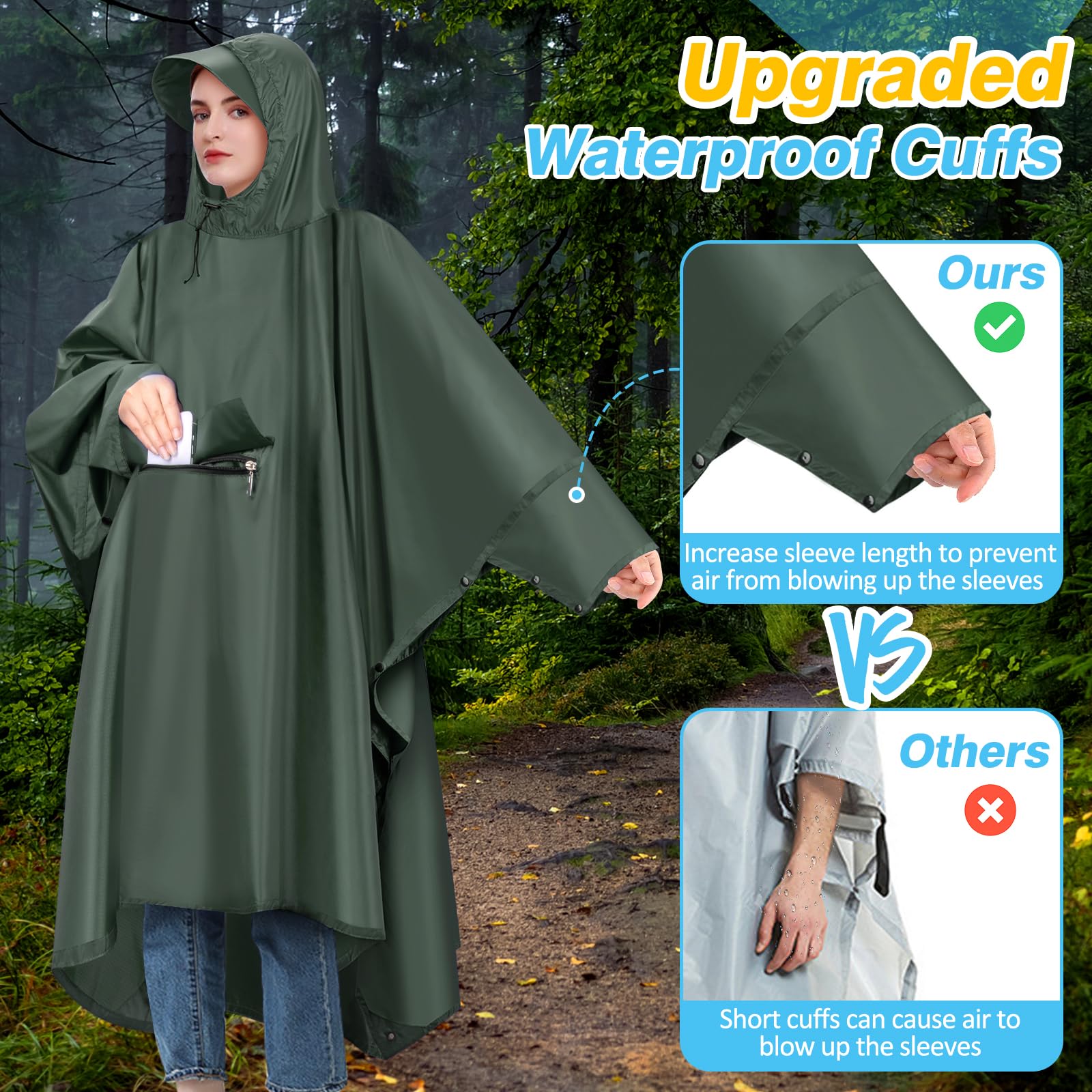 Poncho Pluie Imperméable avec Capuche et Poche Cape de Pluie Réutilisable Poncho Légère Respirant Veste Coupe-Pluie avec Bande Réfléchissante Poncho de Pluie Unisexe pour Randonnée Camping Vélo