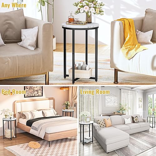 Miniatura 6 de DKLGG Juego de 2 mesas auxiliares modernas color negro, mesa auxiliar redonda pequeña con marco negro, mesita de noche de mármol sintético para sala