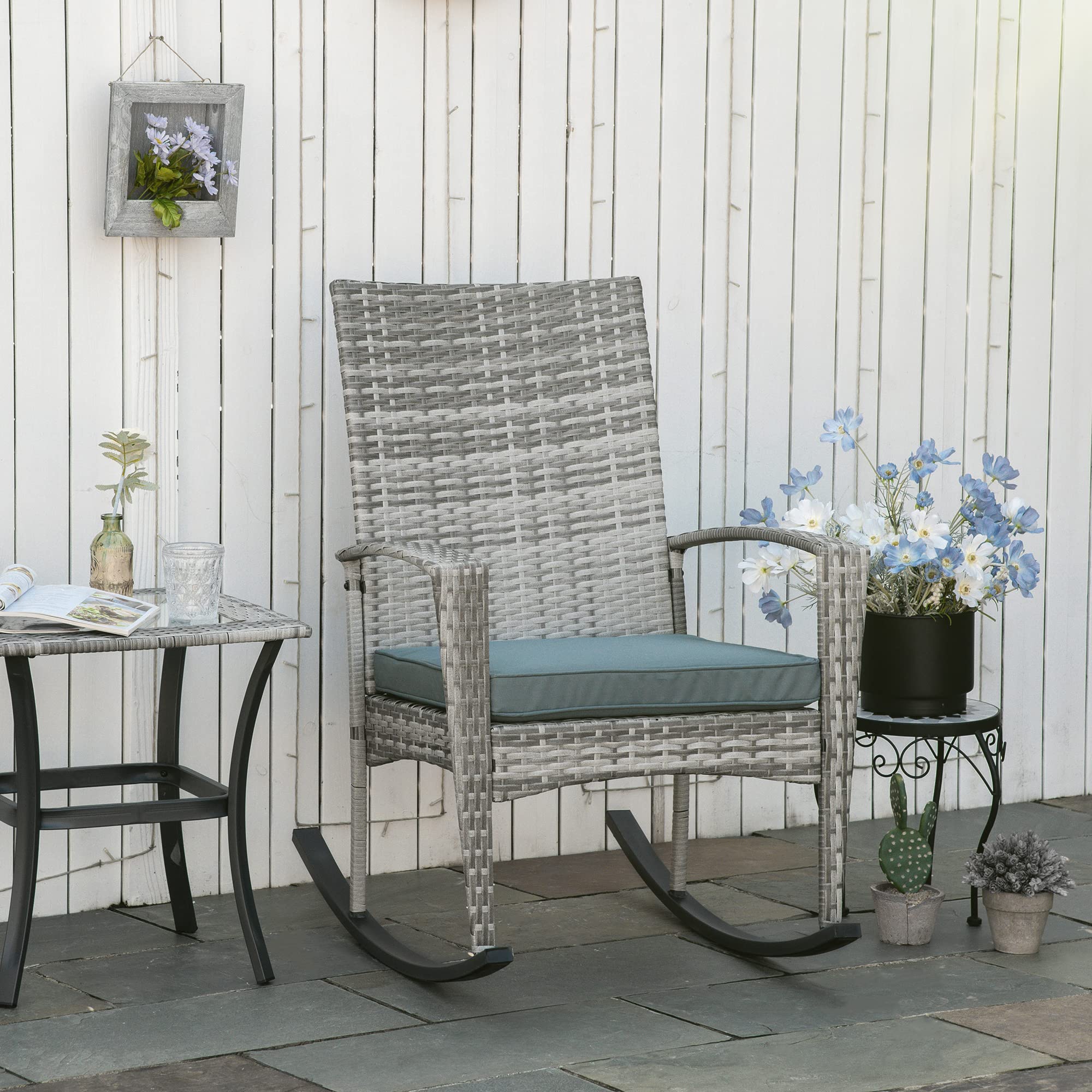 Outsunny Schaukelstuhl Schwingsessel Gartenstuhl mit Kissen, Polyrattan+Metall, Grau, 66 x 88 x 98 cm