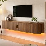 Meuble TV flottant monté au mur de 68,9 po, console multimédia moderne avec étagères de rangement, tiroir caché, gestion des câbles et lumières LED, meuble TV en noyer pour salon, chambre, appartement