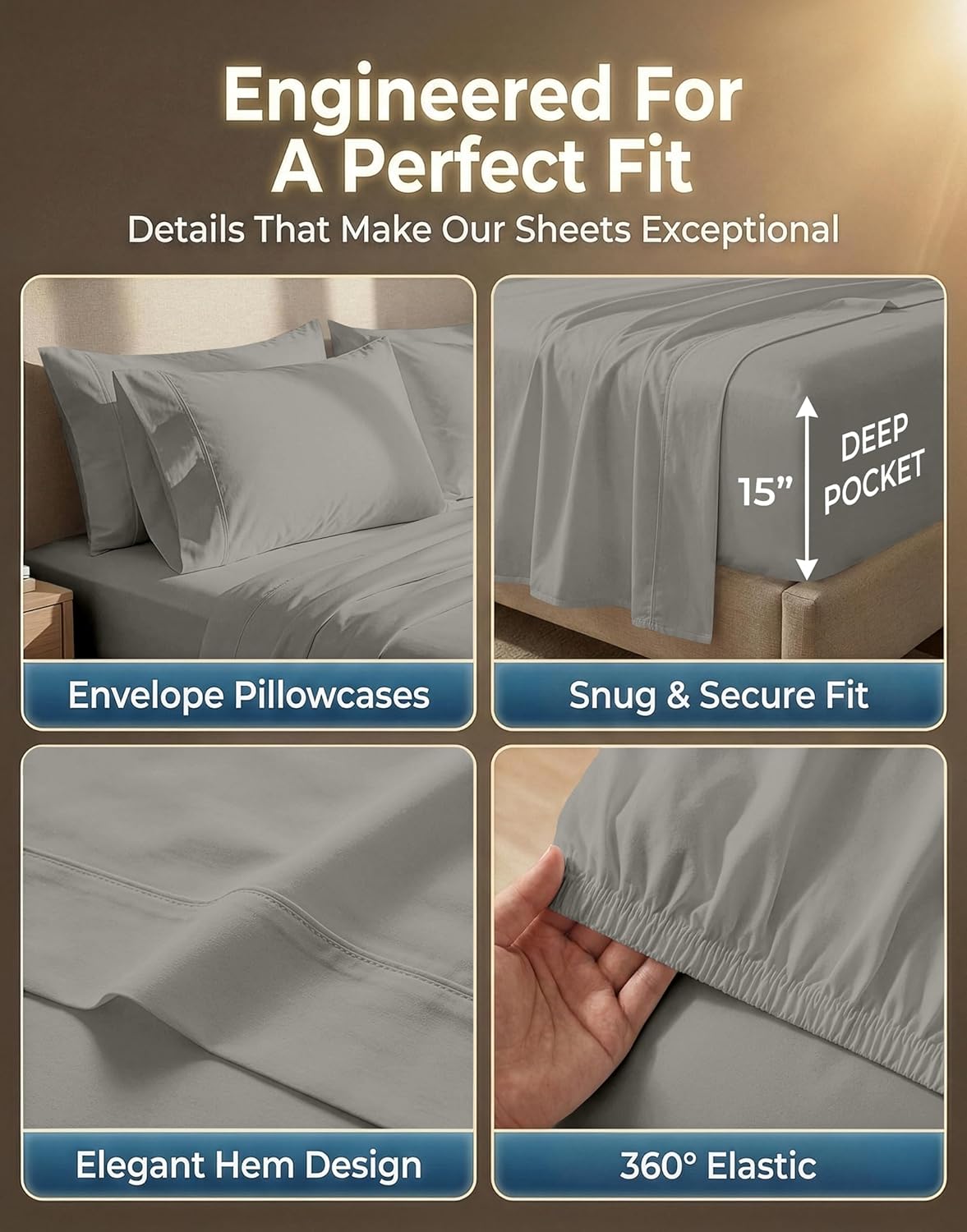 LANE LINEN Queen Size Sheet Set – 600 Thread Count Natural 100% Cotton Breathable Sheets, Durable Bedding for Daily Use, Fade Resistant, Snug Fit 15" Deep Pocket Fitted Sheet – Silver