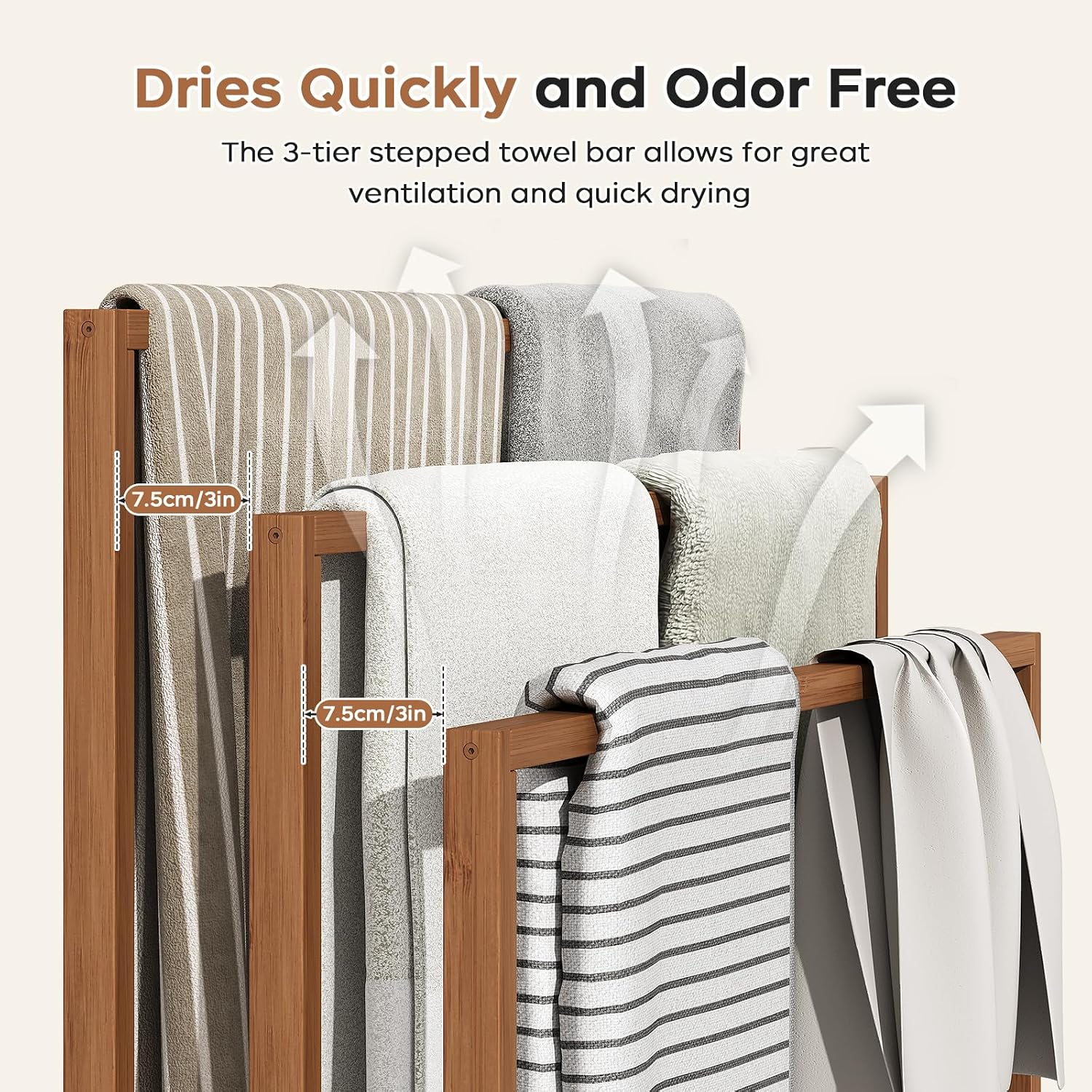 oakvivo 39.3'' Tall Freestanding Towel Rack, 3 Tier Blanket Racks with Shelf, Bamboo Towel Drying Rack for Laundry Bathroom Hand Towels Blanket Holder (Walnut)