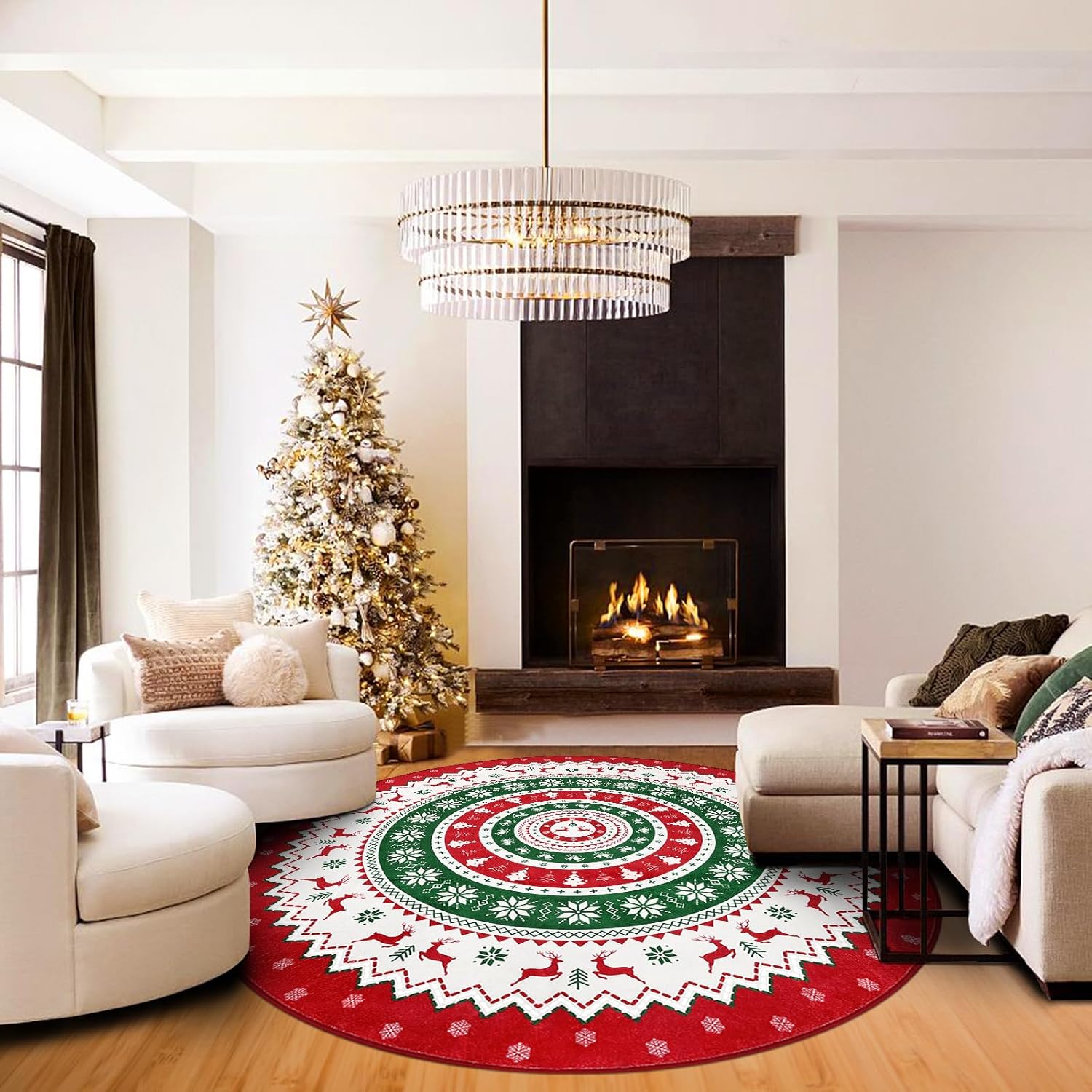 U'Artlines Christmas Washable Round Area Rug 6 ft Colorful Christmas Tree Deer Bell Laundry Rug Runner Non Slip Winter Soft Throw Rugs Carpet for Entryway Living Room Bedroom