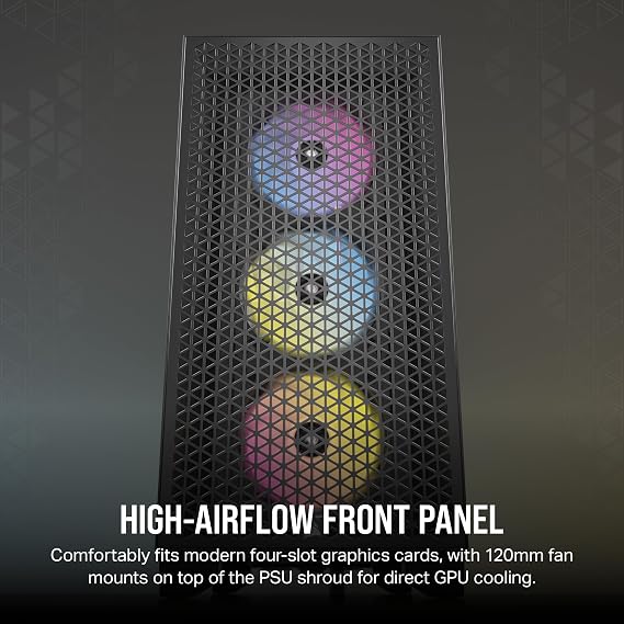 CORSAIR 3000D RGB Airflow Mid-Tower PC Case - 3 x AR120 RGB Fans - Three Slot GPU Support - Suitable for up to 8 x 120 mm Fans - High Airflow Design - Black