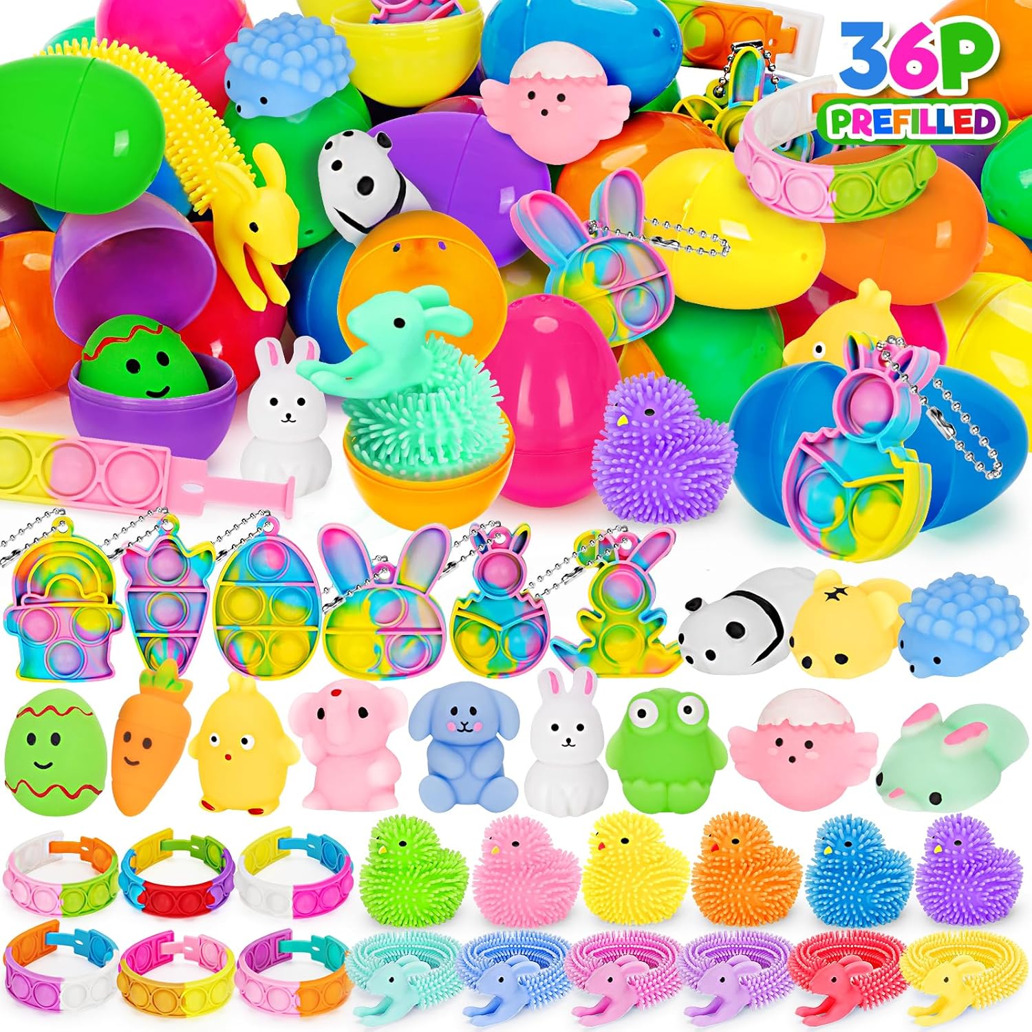 Jyusmile 36 Pack Prefilled Easter Eggs with Toys, Plastic Easter Eggs with Assorted Toys Inside, Surprise Eggs for Easter Hunt, Easter Basket Stuffers, Party Favors Bulk for Kids Boys Girls