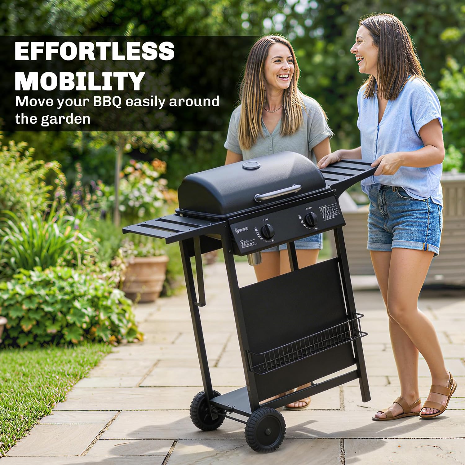 Outsunny 2 Burner Propane Gas Grill, 18000 BTU BBQ Grill with Wheels, Warming Rack, Side Tables, Shelf, Thermometer, Grease Cup, Outdoor Barbeque for Outdoor Backyard Patio, Black