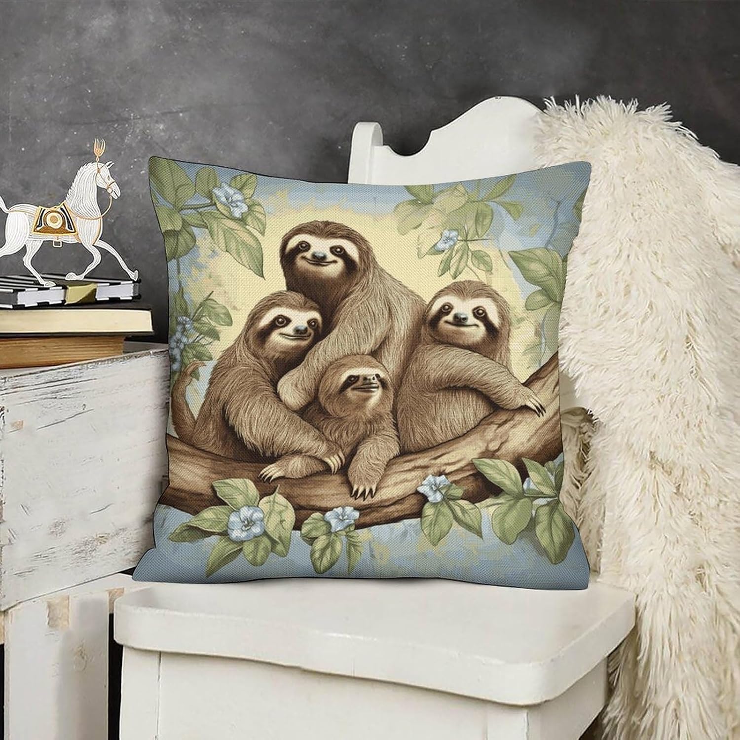 Sloth Family Pillow Protectors Cute Waterproof Pillow Cover Soft Skin-Friendly Cushion Case Decorative Square Cushion Cover for Couch Sofa Bed Living Room Bedroom