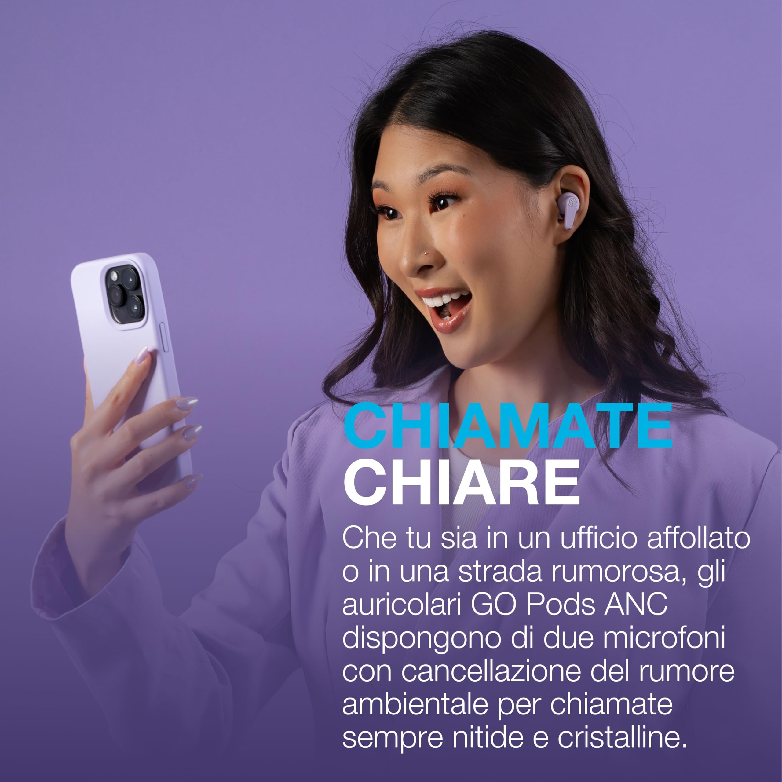 JLab Go Pods ANC Auricolari Bluetooth Cancellazione Rumore, Lilla | Cancellazione Attiva del Rumore Ibrida, Cuffie Wireless IP55, 26h+ Autonomia, Chiamate Nitide, Audio via App