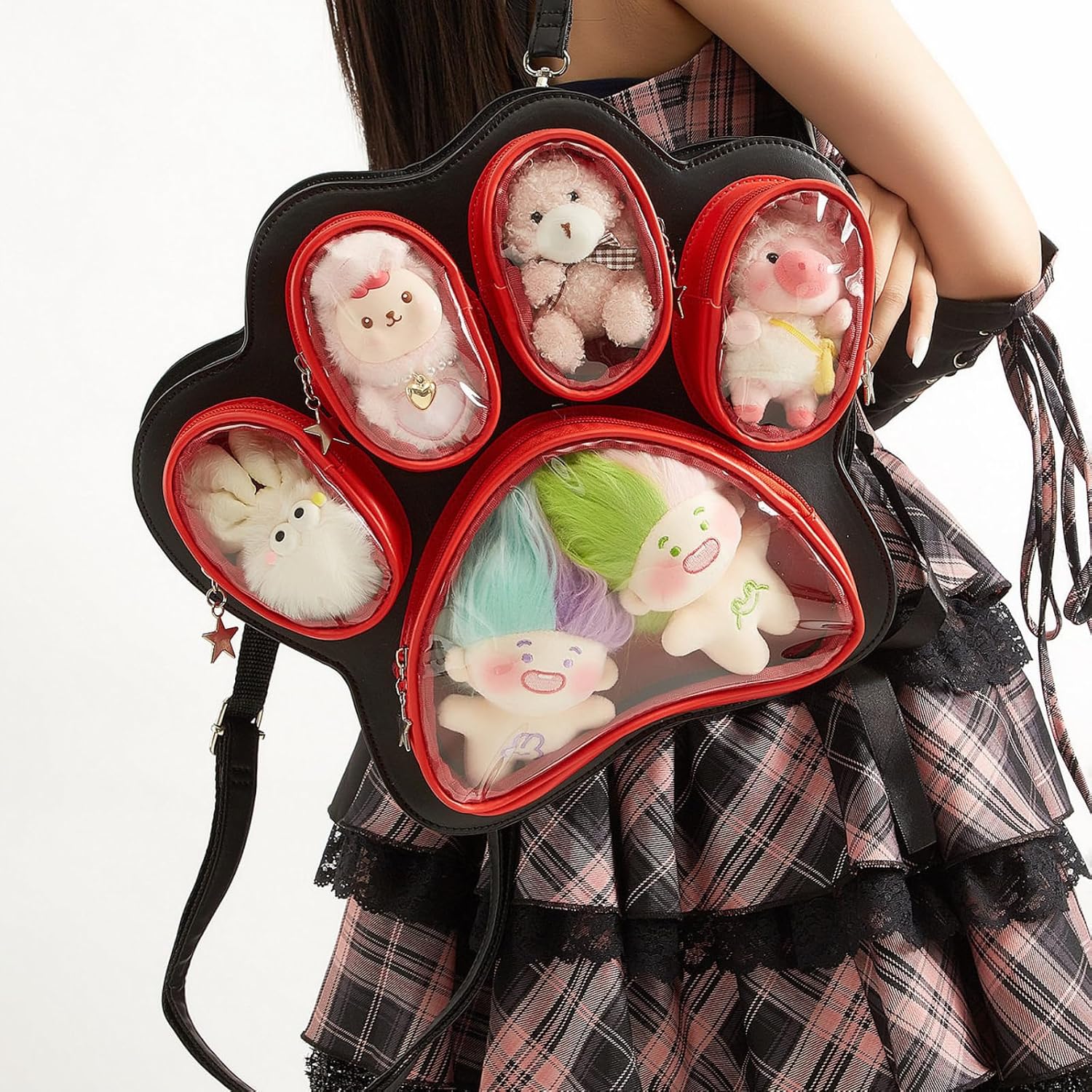 Cat Paw Anime Backpack - Kawaii Bag for Pin Display Grunge Comic-con Shoulder Bag Therian Daypack Itabag Y2k Backpack (Red)