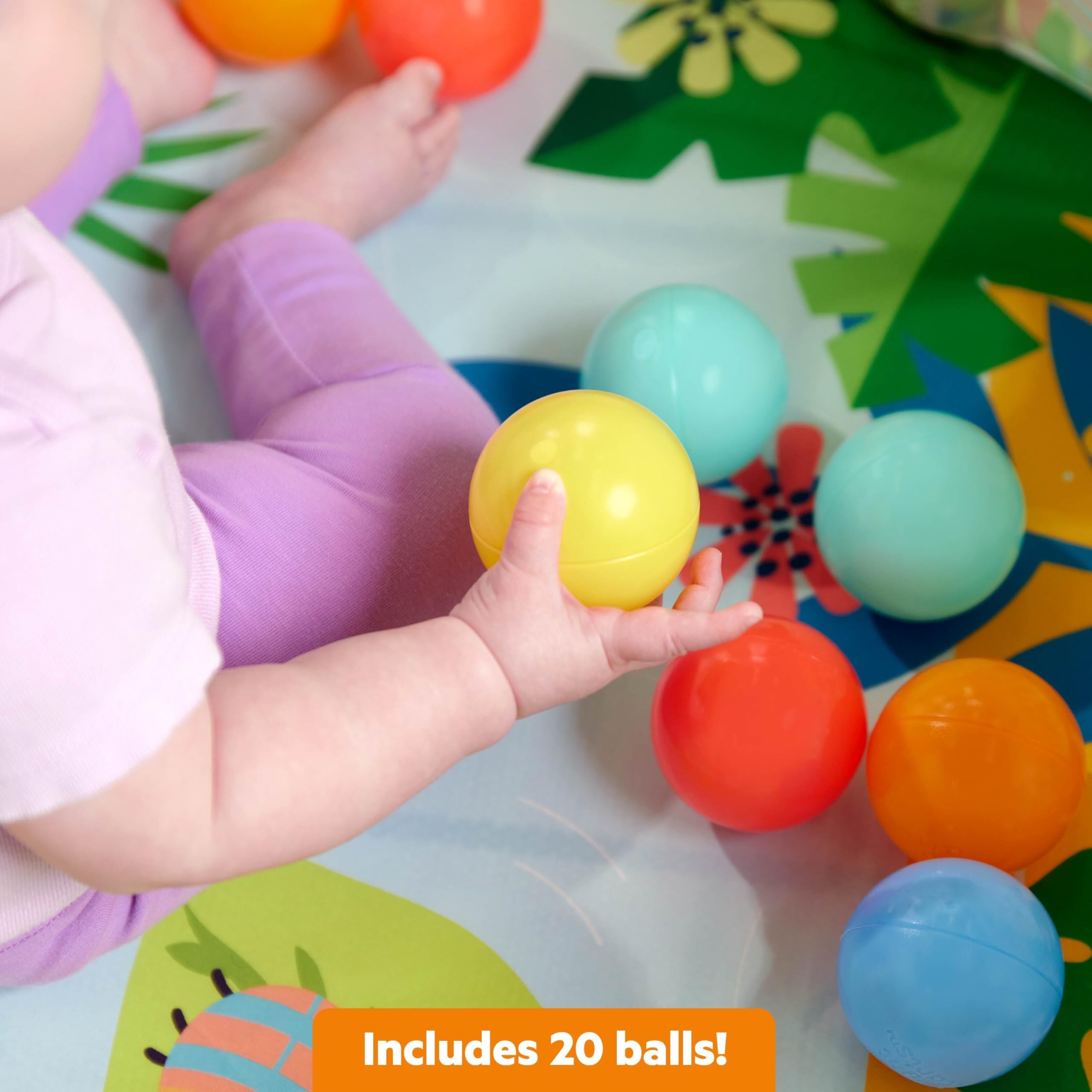 Bright Starts parc à balles pliable Rowdy Rainforest Stow & Go – 20 balles, montage facile et rangement compact, diamètre de jeu 80 cm, paroi en maille avec jeu coucou, sac de rangement inclus, 6M+