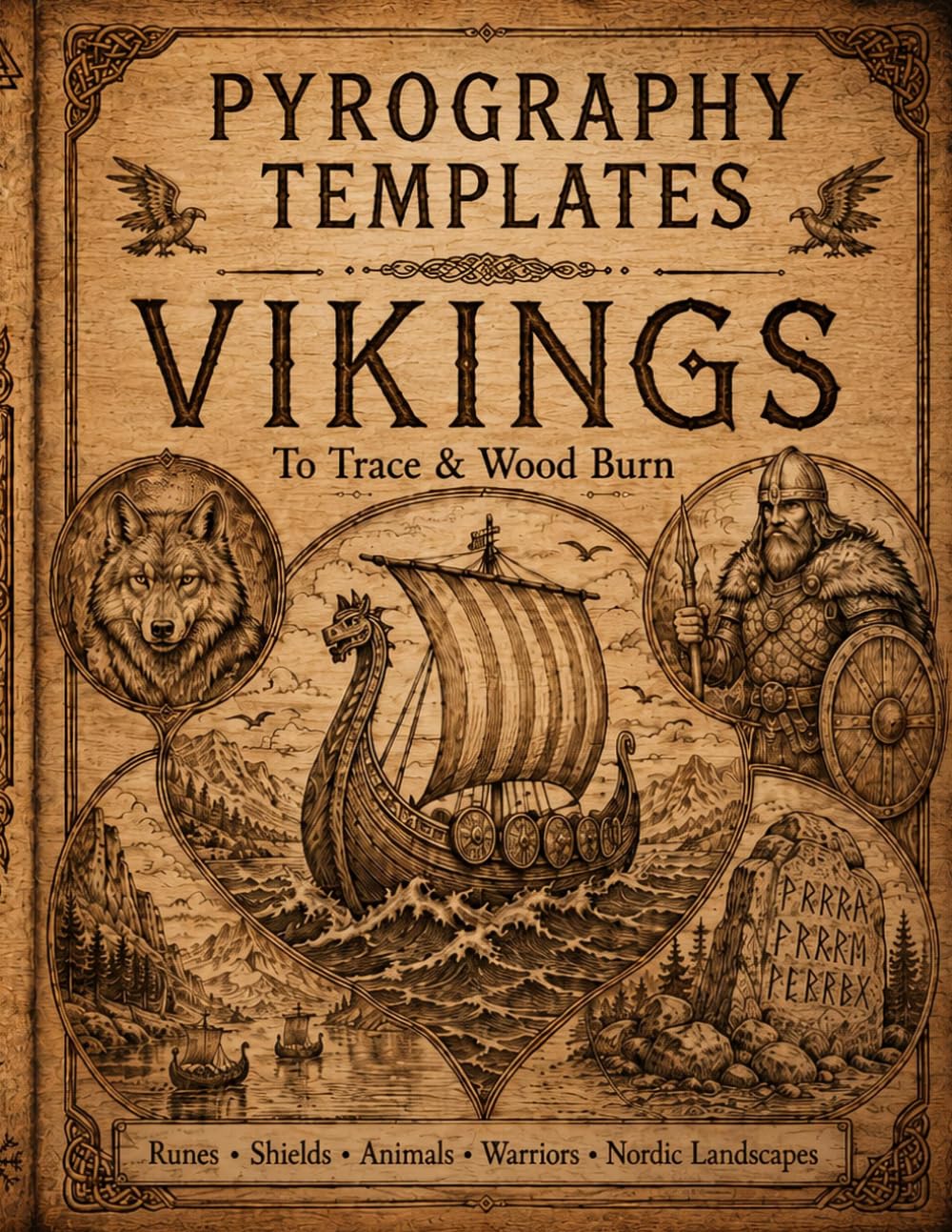 Pyrography Templates Vikings: Norse Wood Burning Patterns to Trace with Runes, Shields, Animals, Warriors, Ships and Landscapes