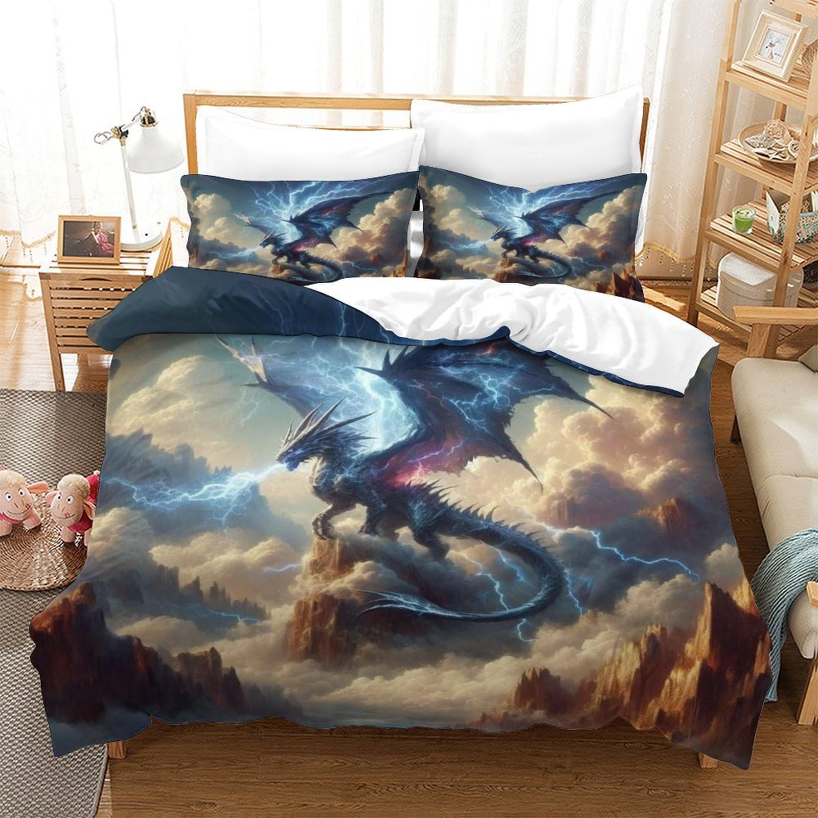 TNFHSOFT Flying Dragon Bedding Set Duvet Cover Soft Microfiber Pillowcase Quilt Cover with 3DPrinted With Zipper Closure ，Cool Animals Design for Kids Teenagers Adult Single（140x200cm）