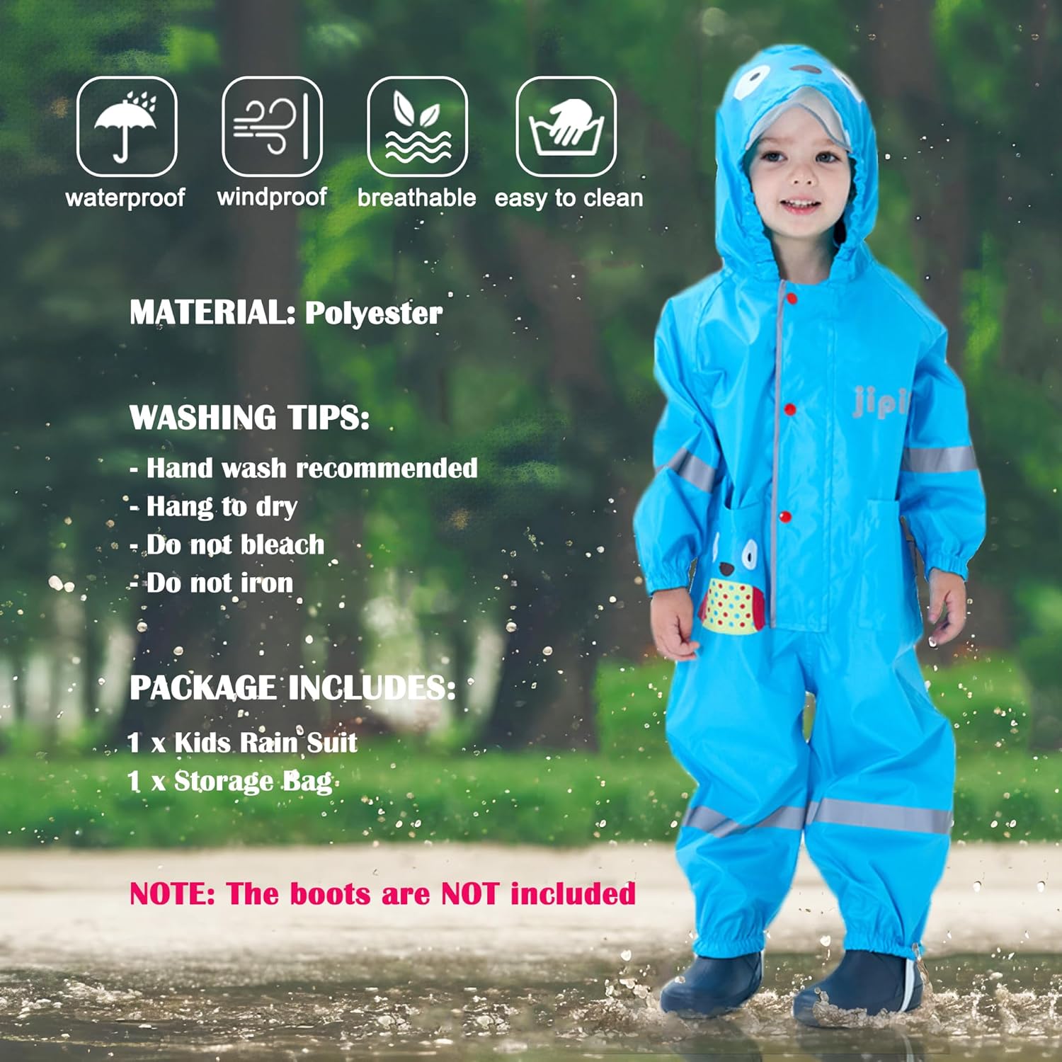 Kids Toddler Rain Suit for Boys Girls One Piece Hoodie Zipper Cute Cartoon Waterproof Rain Jacket 1-10 Years S-XL Size - Image 4