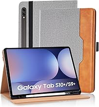Vkooer Hülle für Samsung Galaxy Tab S10+ Plus/S9 FE+ Plus/S9+ Plus 12.4 Zoll mit Dokumentschlitze Premium PU Leder Segeltuch Folio Stand Schutzhülle Tasche Cover Case mit Auto Schlaf/Aufwach, Grau