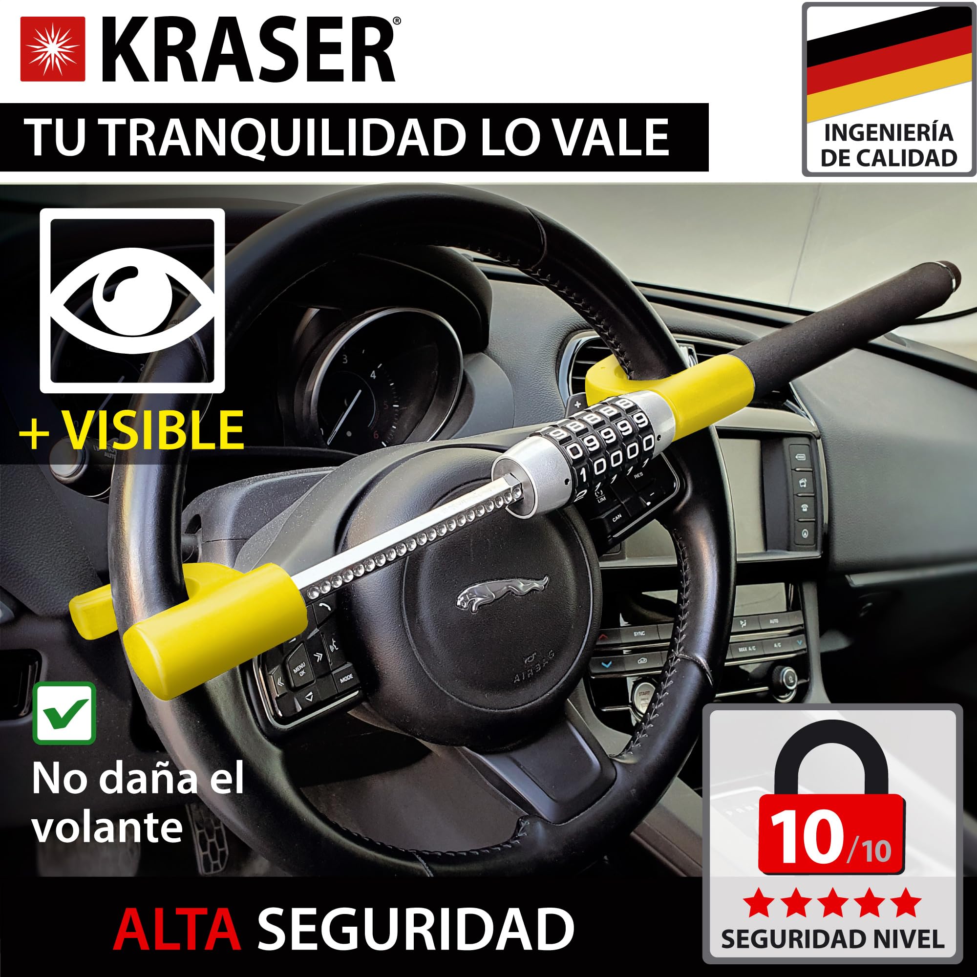 KRASER KR940B Antirrobo Coche Volante, Código Combinación, Reforzado Alta Seguridad, Visible Disuasorio, Doble Cierre Ajustable, Martillo Emergencia, Barra Universal Auto SUV Furgoneta Camión Caravana