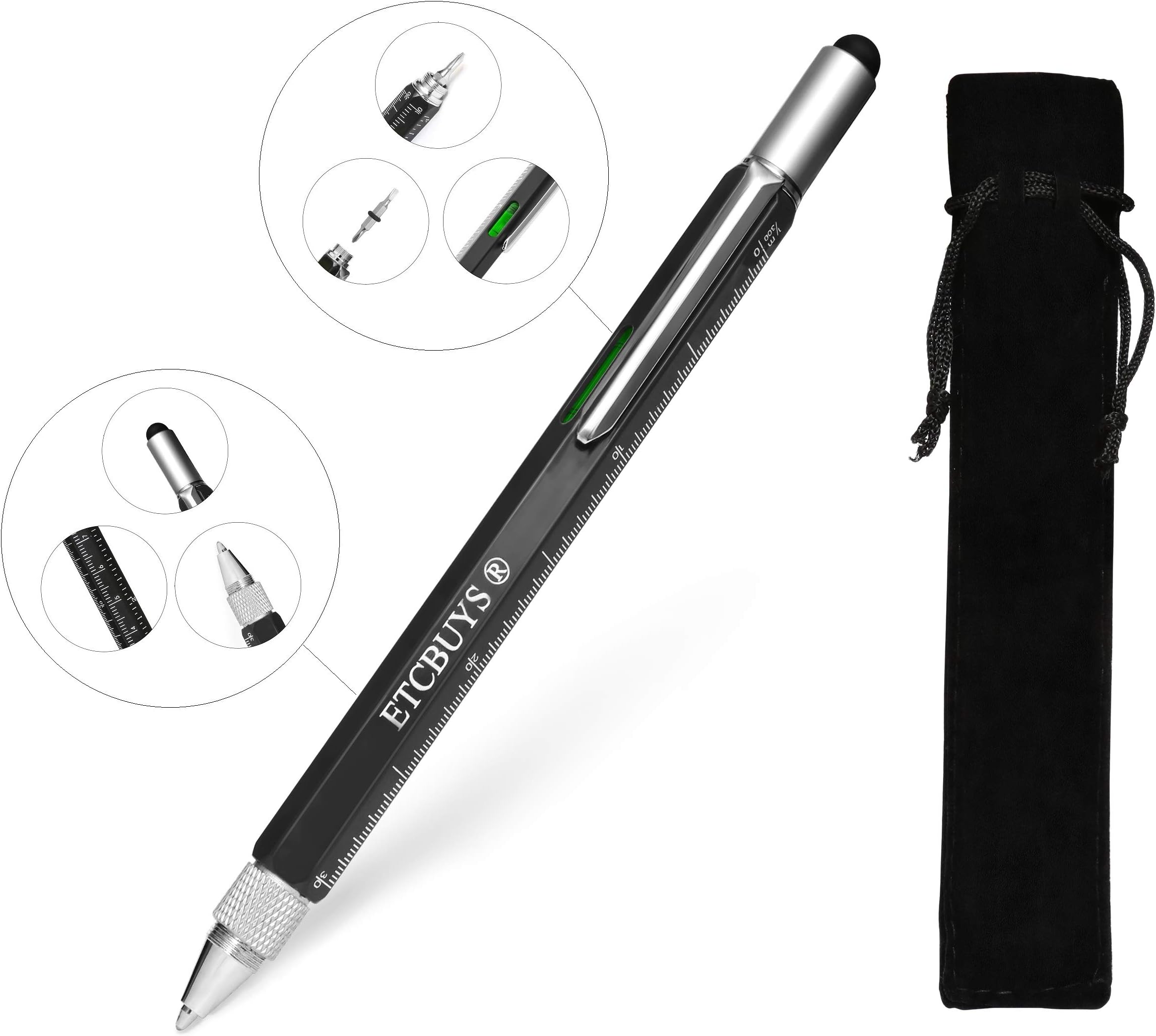 Screwdriver Pen Pocket Multi-Tool 6 in 1 – Multi-Functional & Sturdy Aluminum DIY Tool, With Screwdriver, Stylus, Bubble Level, Ruler & Phillips Flathead Bit, Unique Gift Idea 2 (1 Black)