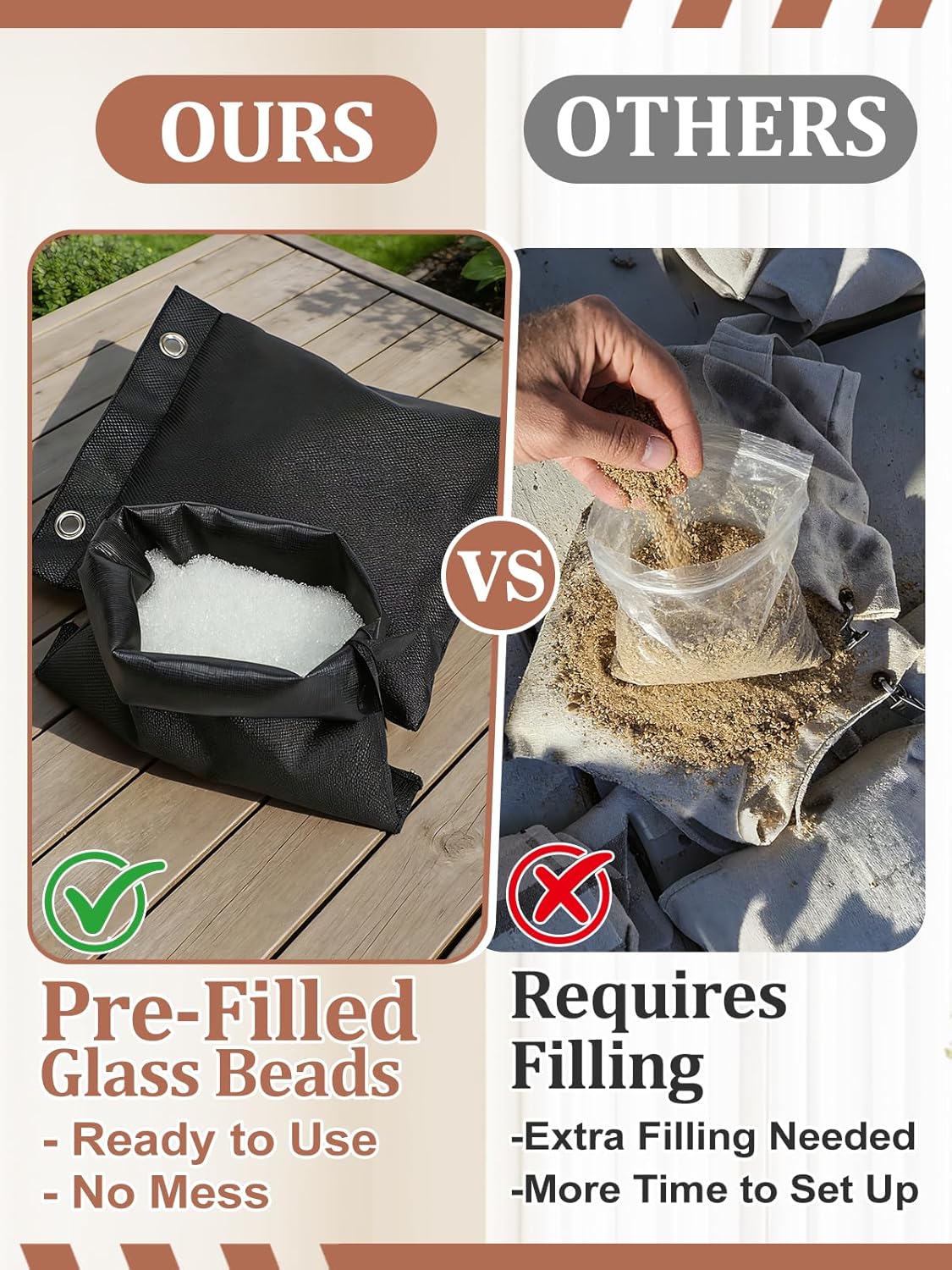 Apipi Pre-Filled 17.6 oz Outdoor Curtain Weights- 8 Pack Wind Resistant Oxford Weight Bags with Glass Beads Filling & Stainless Steel Clips, Heavy Duty Drapery Weights for Patio/Gazebo (5" × 6")