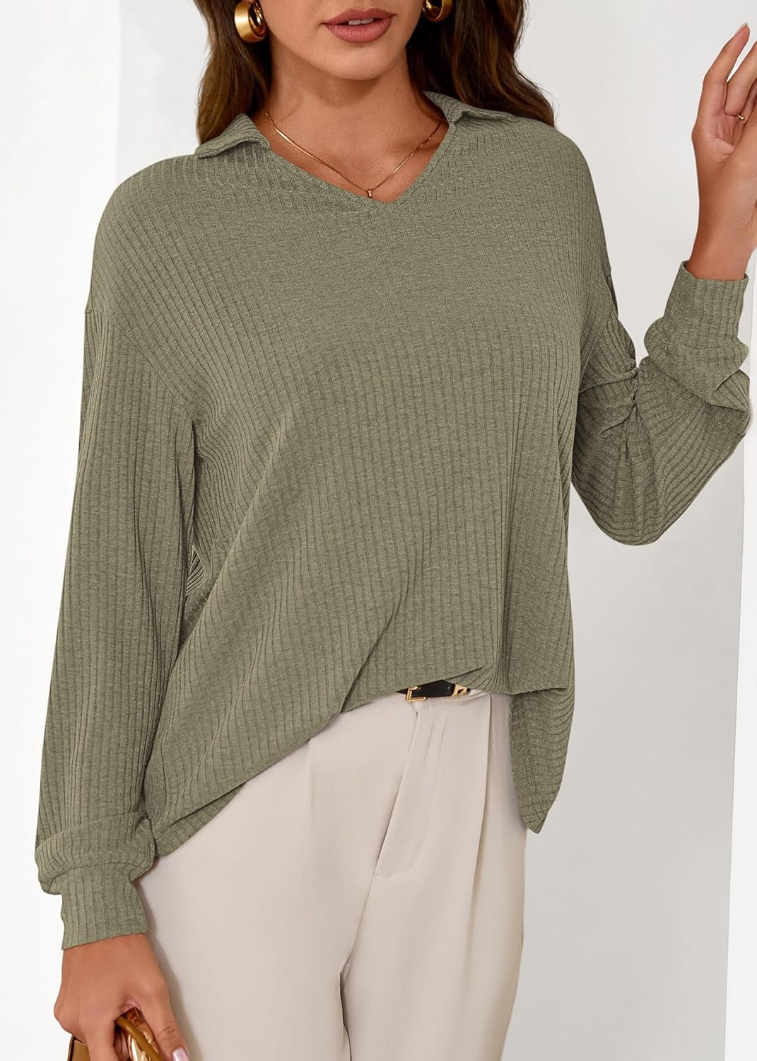 KIRUNDO Long Sleeve Shirts for Women 2025 Fall Fashion Outfits Going Out Tops Collar V Neck Blouses Ribbed Knit Loose Tunic - Image 6