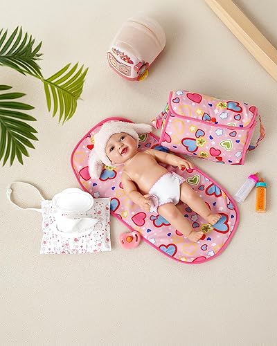 Miniatura 7 de BABESIDE Juego de 8 piezas de accesorios para muñecas con bolsa de pañales, juego de simulación, incluye cambiador, botellas mágicas, chupete,