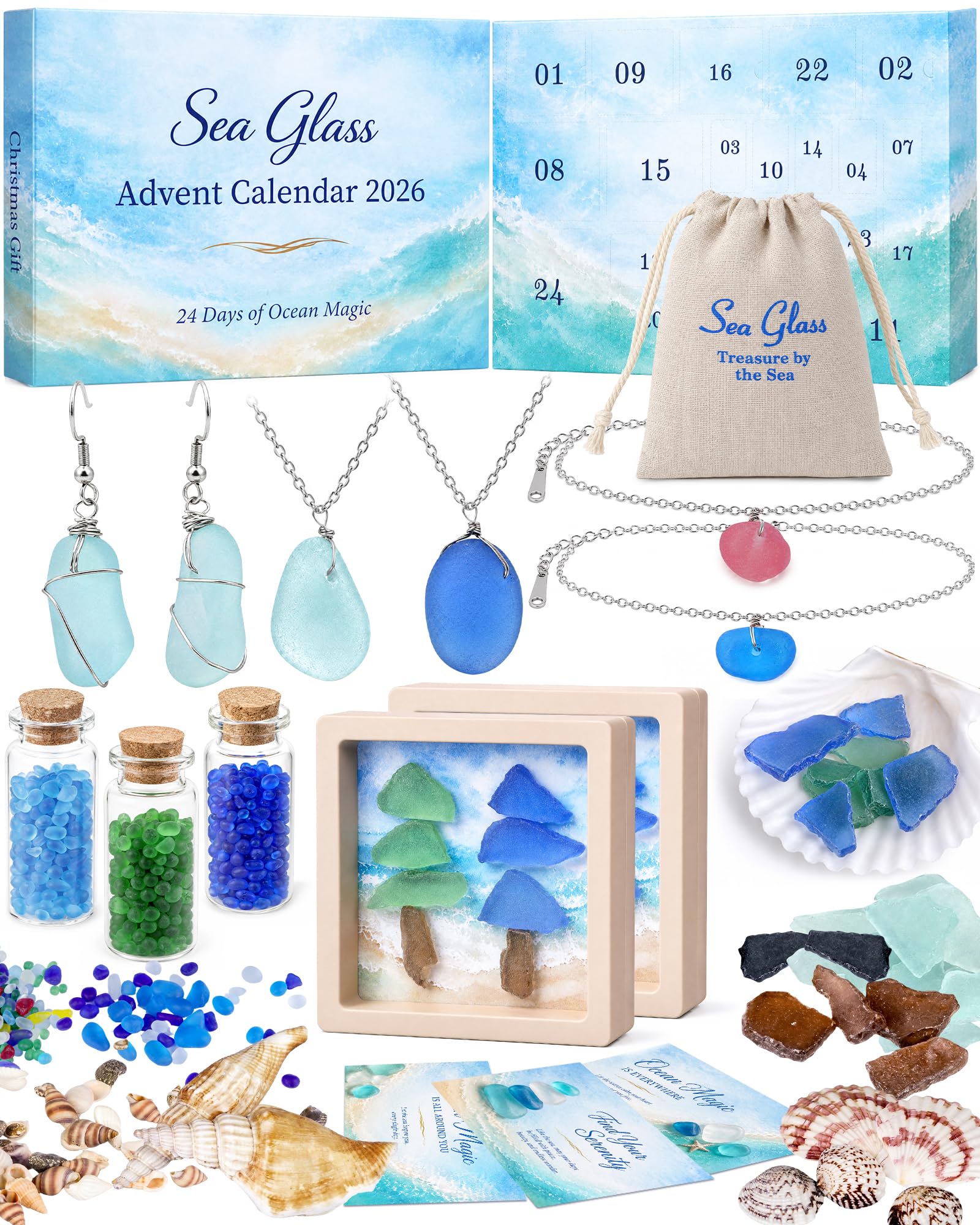Calendario de Adviento de cristal de mar 2026 para mujeres, adolescentes y niñas, cuenta regresiva de Navidad de 24 días con vidrio de mar real, regalos de joyería, suministros de manualidades