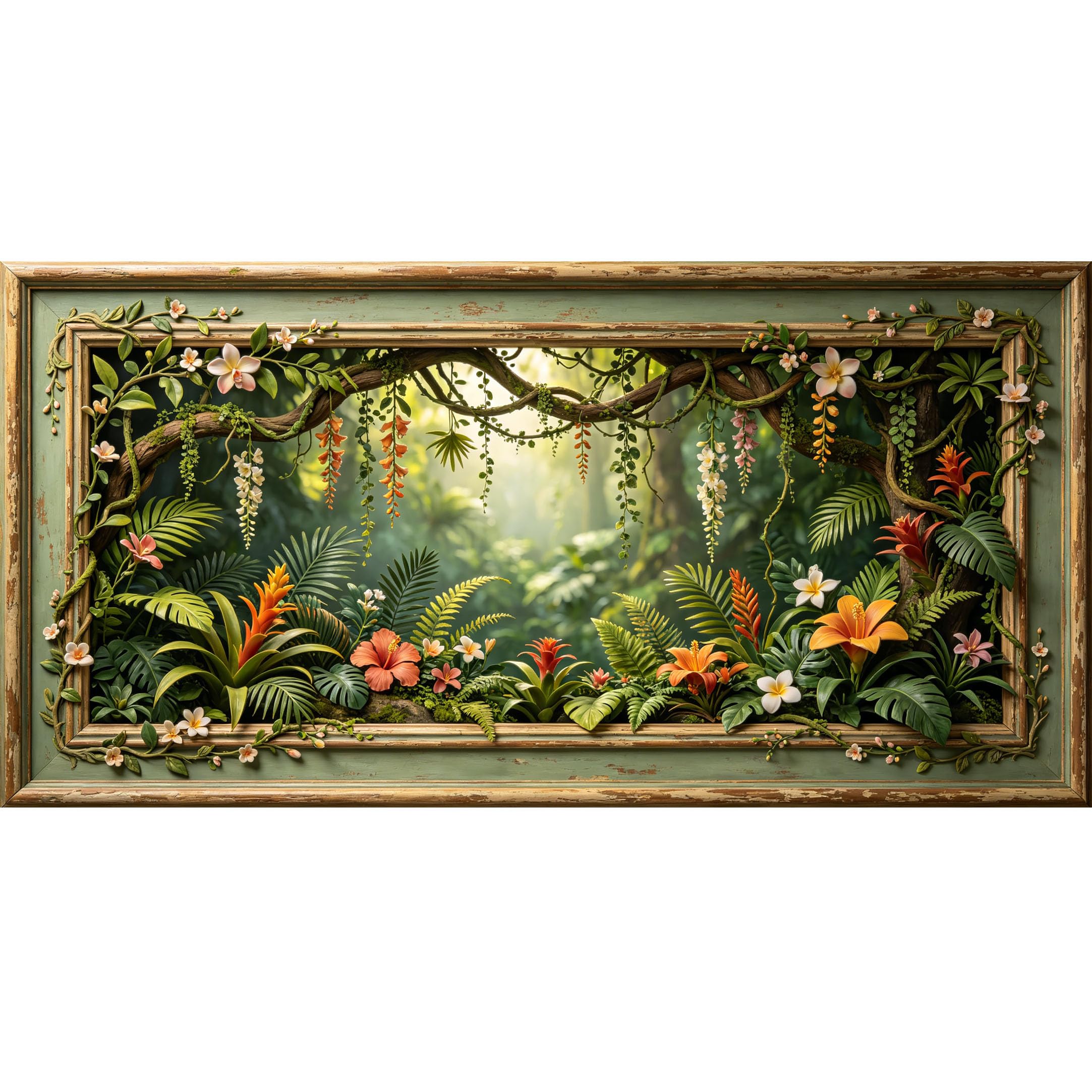 Agglomerix 3D Framed Wall Art Tropical Jungle Botanical Plant Flower Vine Branch Relief Large Size SelfAdhesive Removable Wall Decor Prints Artwork for Living Room Bedroom Office