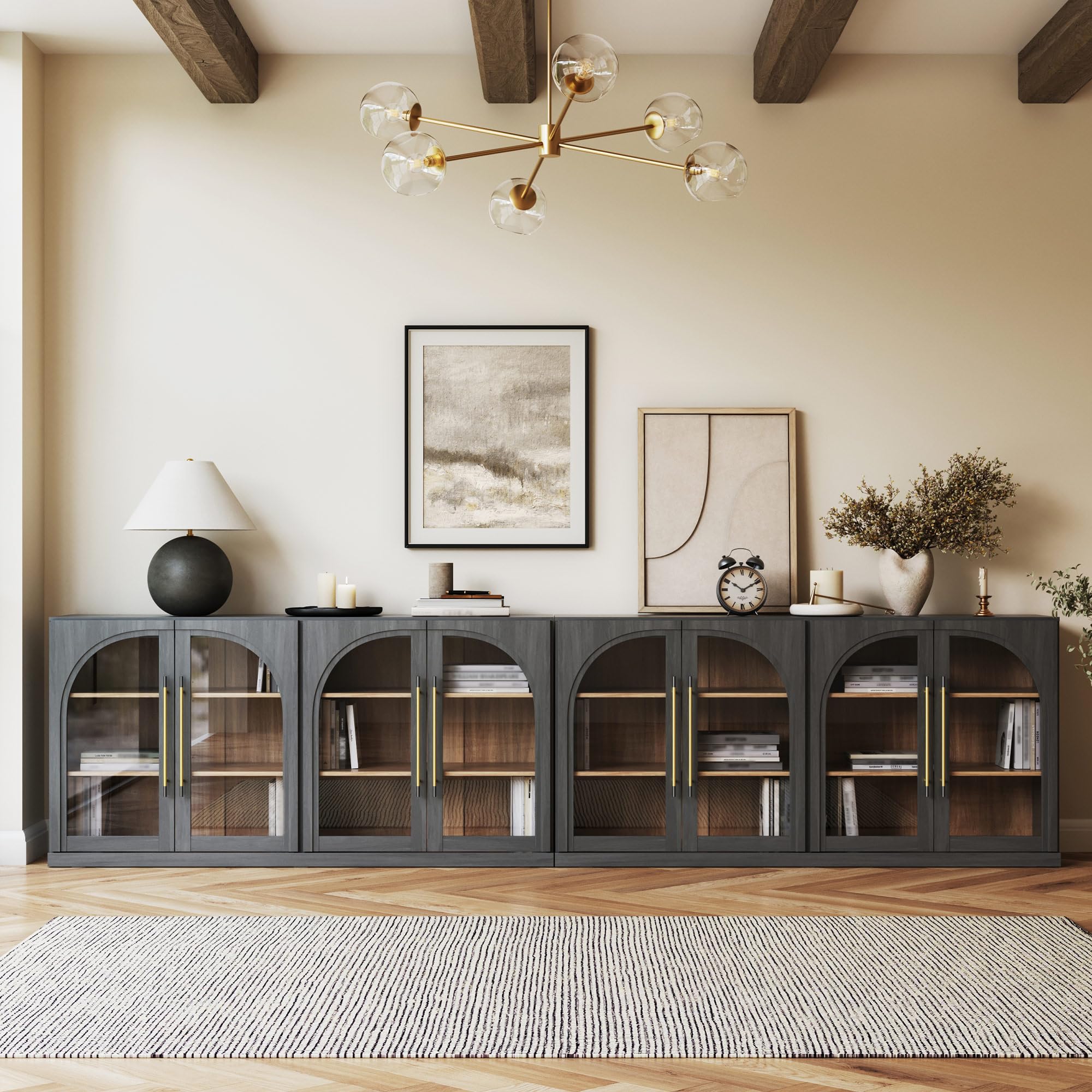 BELLEZE 2-Piece 65" Arched Sideboard with Glass Door, Accent Buffet Cabinet with Storage and Adjustable Shelves, Classic Modern Large Console for Living Room Kitchen Entryway (Ebony)