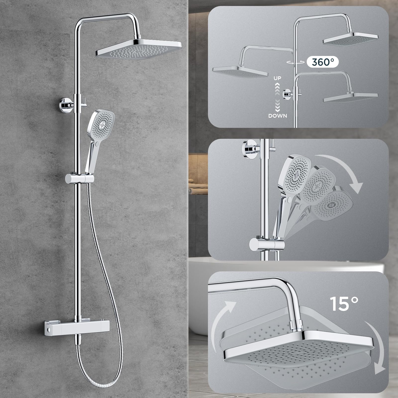 FORM&STYLE Regendoucheset Kuda met 3 straalsoorten incl. thermostraatkraan ø26 cm chroom kopen